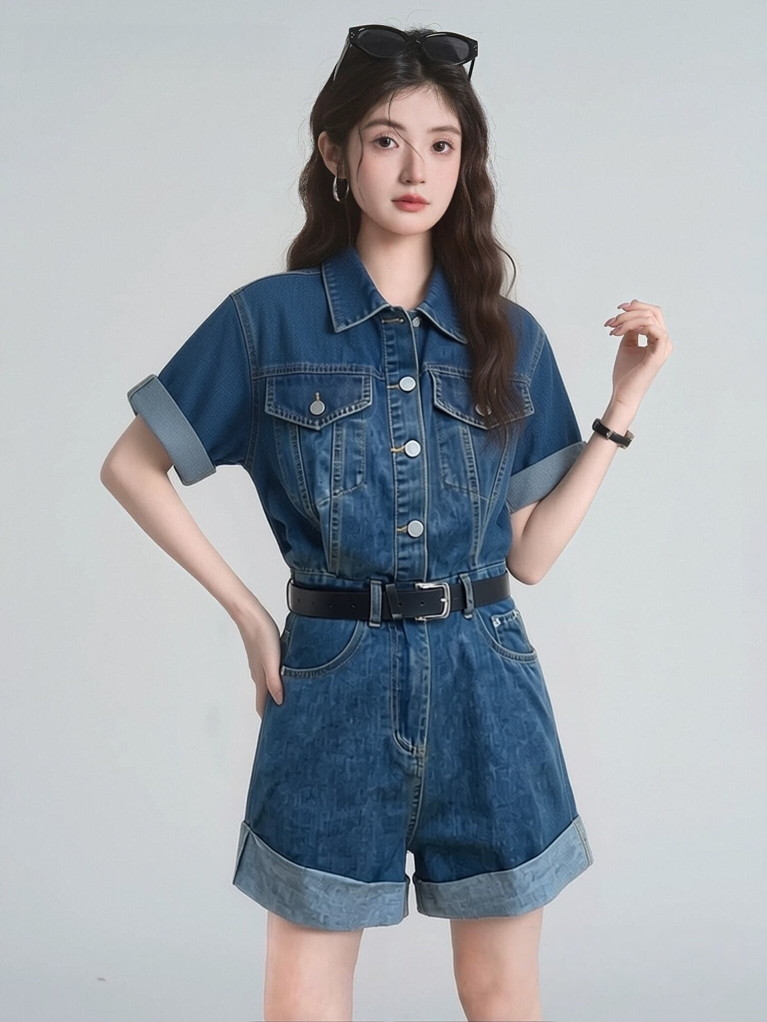 레트로 데님 점프 슈트 반바지 여름 허리 수축 품격 워크웨어 올인원 세트 원피스 점프 슈트 바지 상세 이미지 2