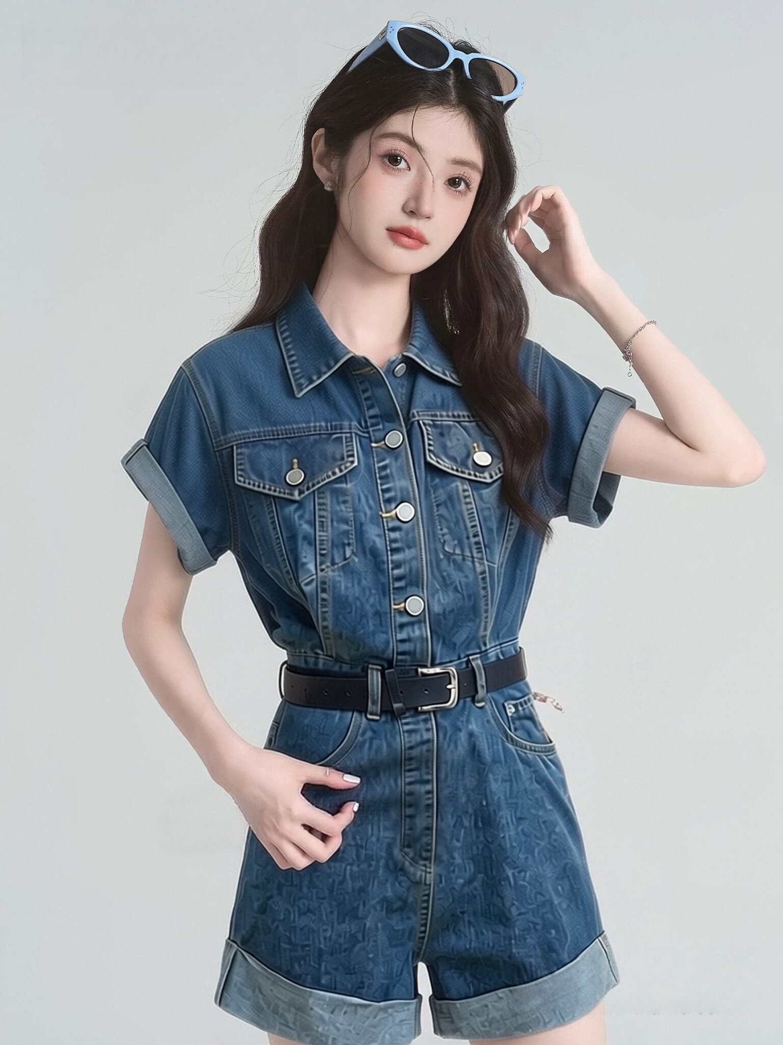 레트로 데님 점프 슈트 반바지 여름 허리 수축 품격 워크웨어 올인원 세트 원피스 점프 슈트 바지 상세 이미지 3