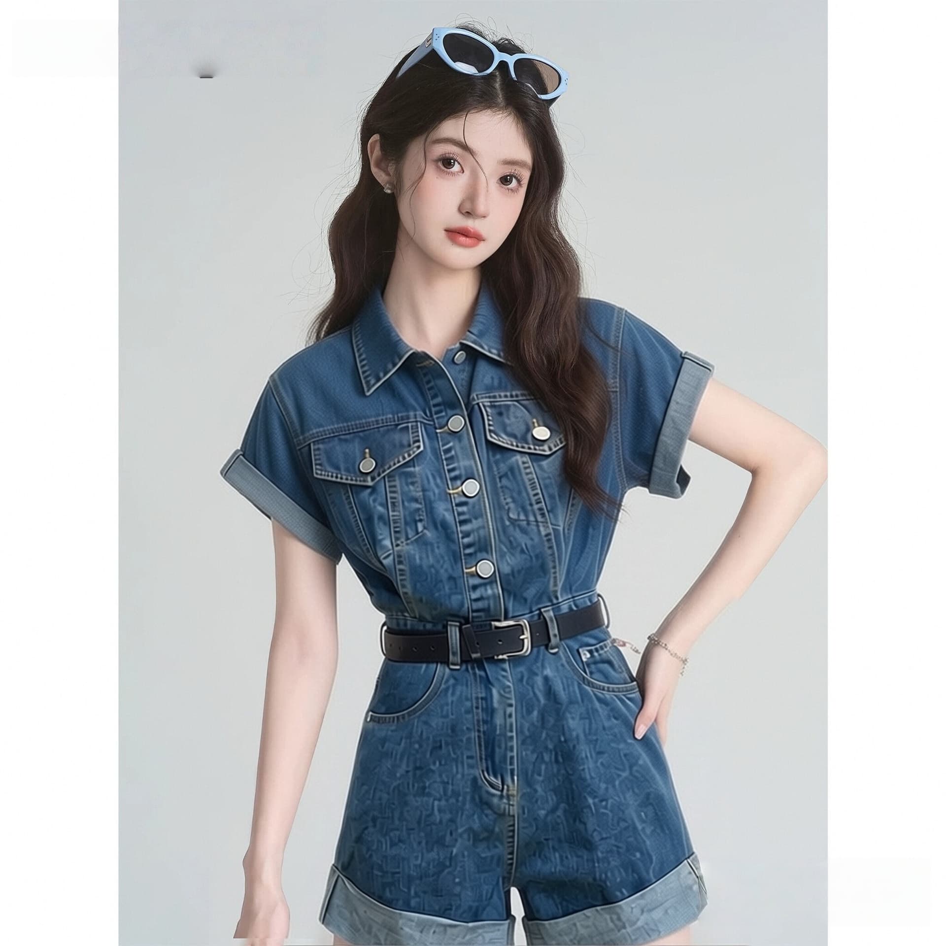 레트로 데님 점프 슈트 반바지 여름 허리 수축 품격 워크웨어 올인원 세트 원피스 점프 슈트 바지 상세 이미지 7