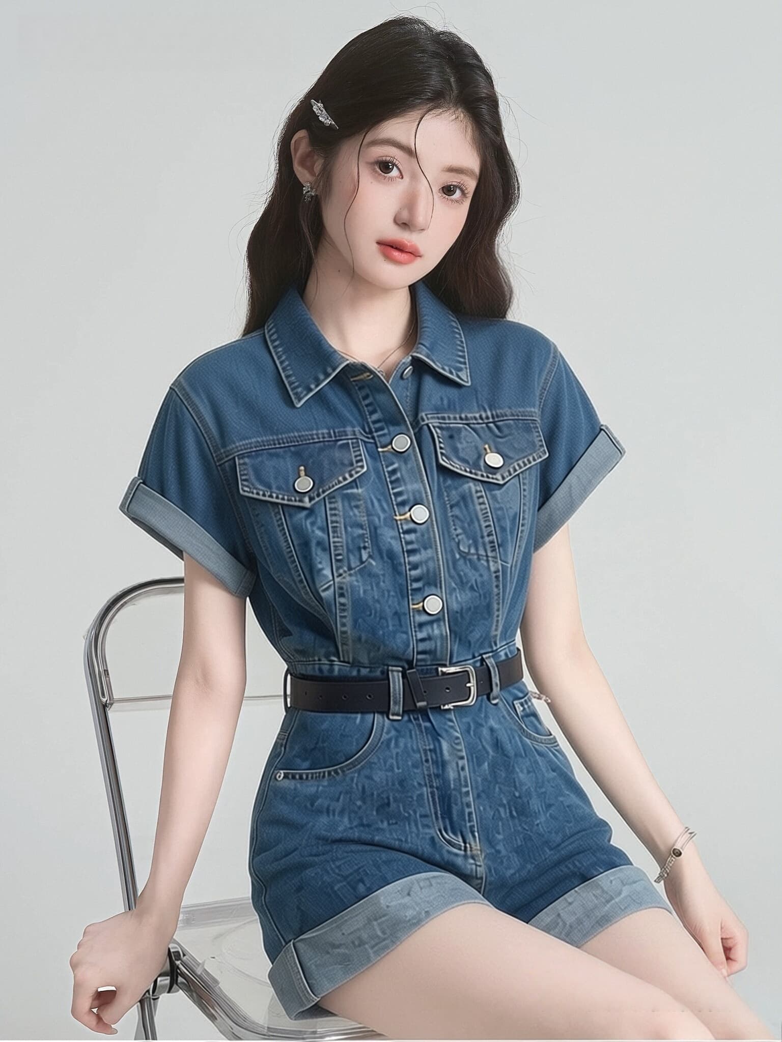 레트로 데님 점프 슈트 반바지 여름 허리 수축 품격 워크웨어 올인원 세트 원피스 점프 슈트 바지 상세 이미지 8