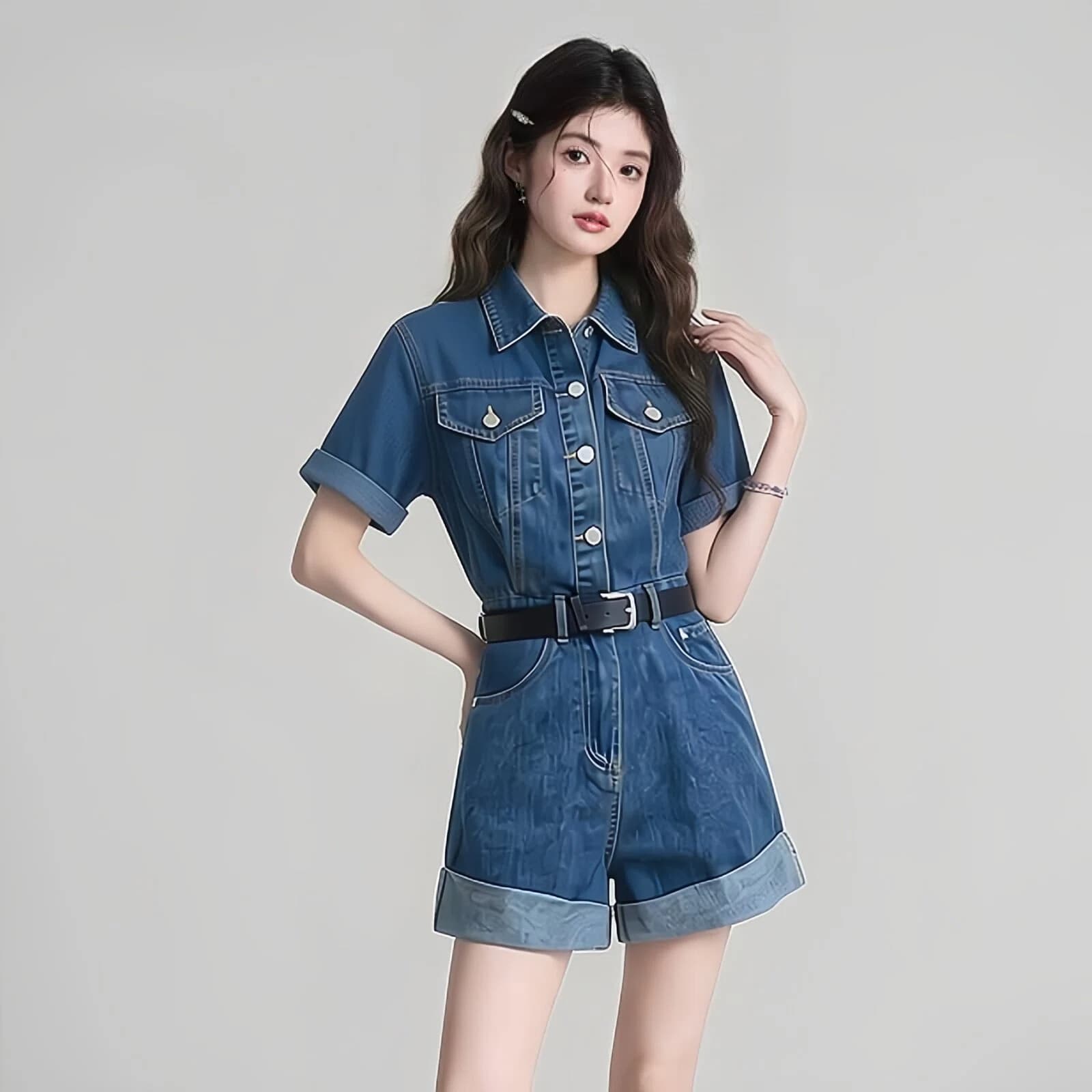레트로 데님 점프 슈트 반바지 여름 허리 수축 품격 워크웨어 올인원 세트 원피스 점프 슈트 바지 상세 이미지 9