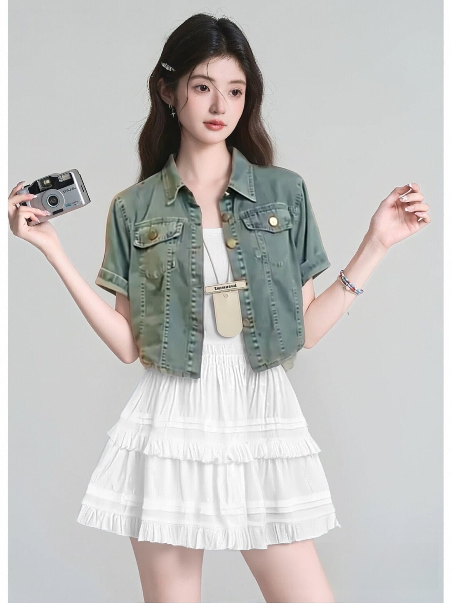 작은 키 레트로 항구 바람 반팔 데님 셔츠 여성 코트 여름 새로운 루즈핏 오픈 가디건 쇼트 스타일 맨위 이미지 2