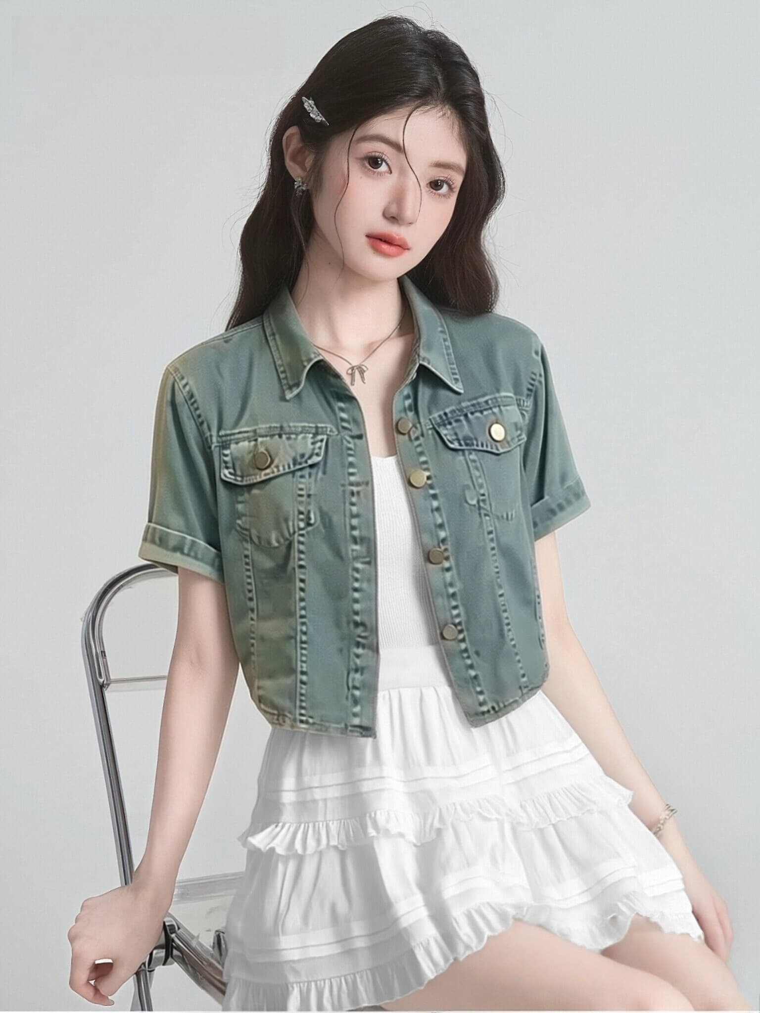 작은 키 레트로 항구 바람 반팔 데님 셔츠 여성 코트 여름 새로운 루즈핏 오픈 가디건 쇼트 스타일 맨위