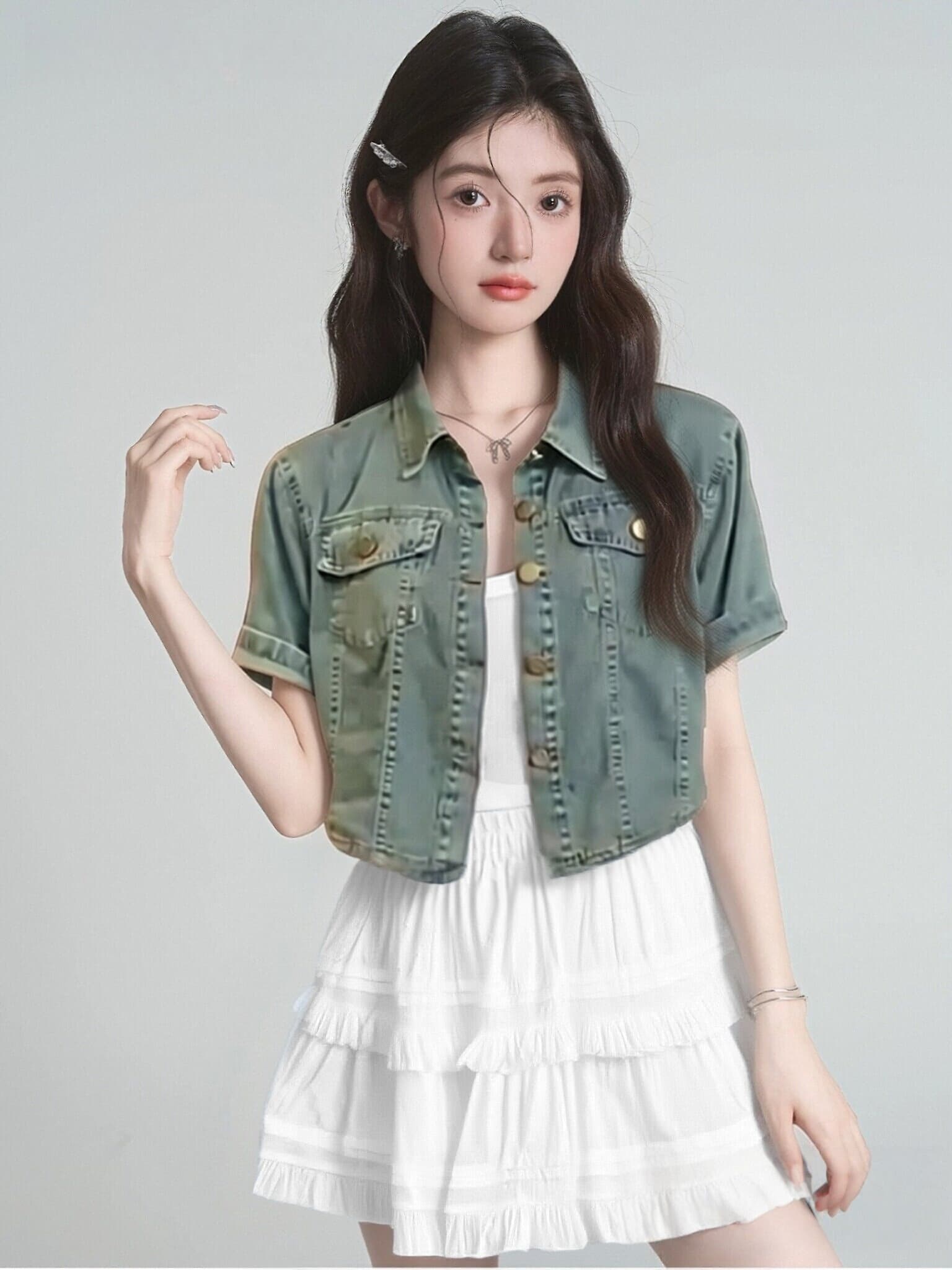 작은 키 레트로 항구 바람 반팔 데님 셔츠 여성 코트 여름 새로운 루즈핏 오픈 가디건 쇼트 스타일 맨위 상세 이미지 6