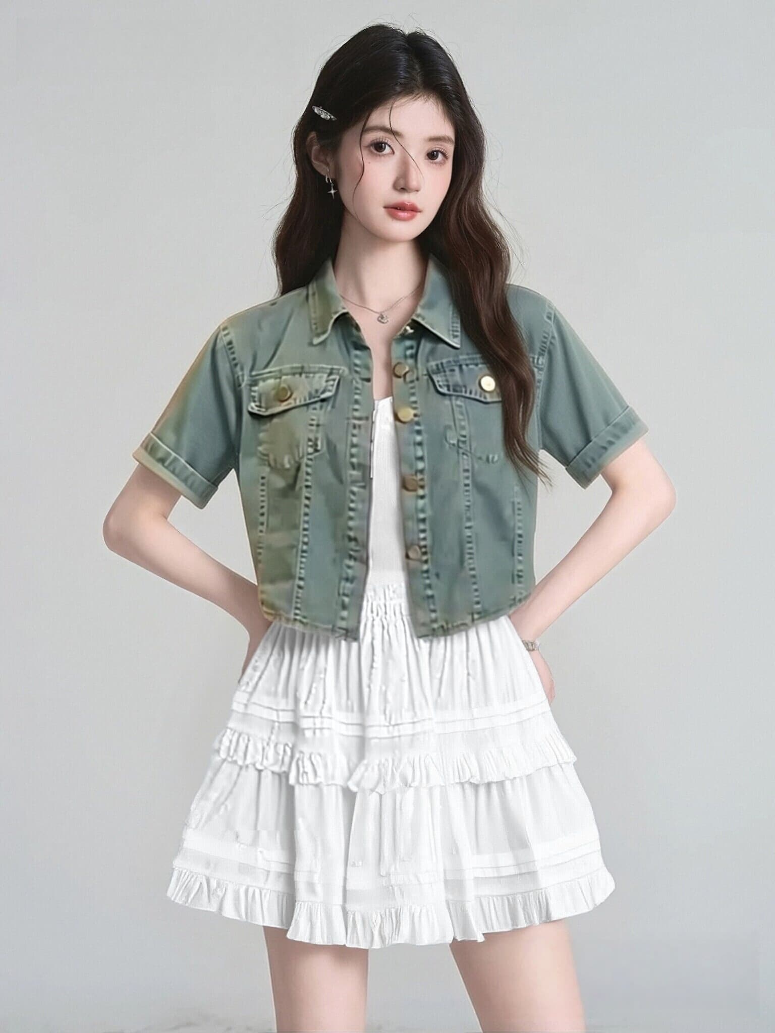 작은 키 레트로 항구 바람 반팔 데님 셔츠 여성 코트 여름 새로운 루즈핏 오픈 가디건 쇼트 스타일 맨위 상세 이미지 8
