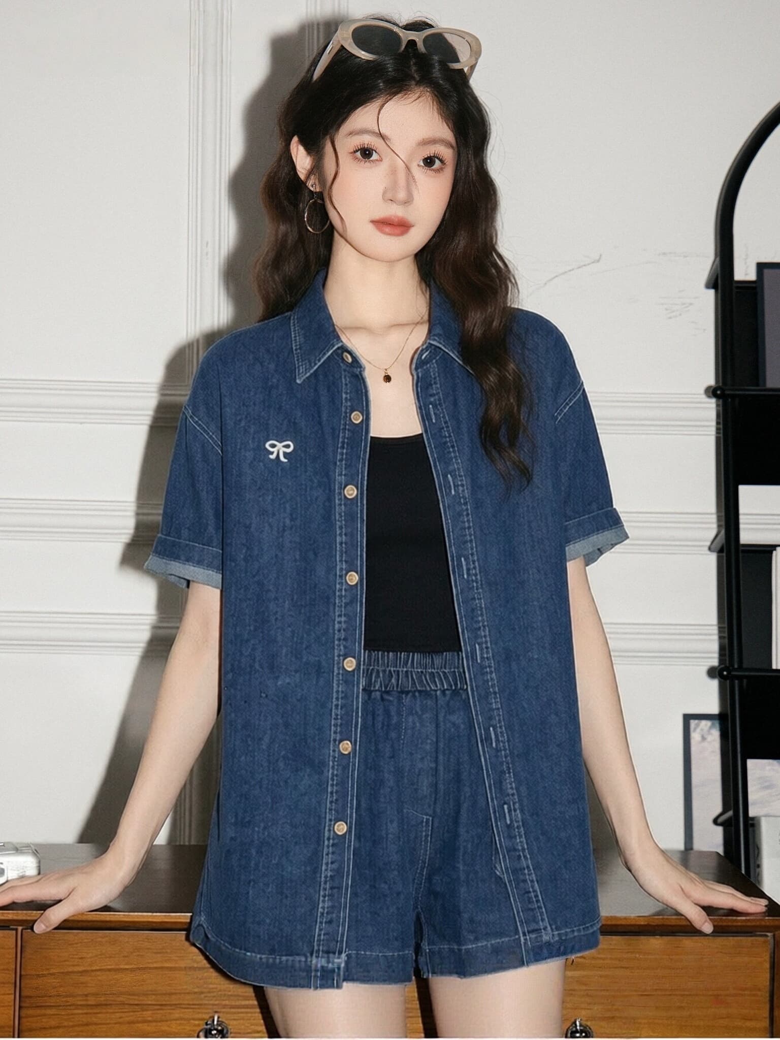 반팔 데님 셔츠 세트 여성 여름 작은 키 얇은 스타일 항구 바람 레트로 자수 넓은 다리가 짧다. 바지 투피스 세트 트렌디 이미지 3