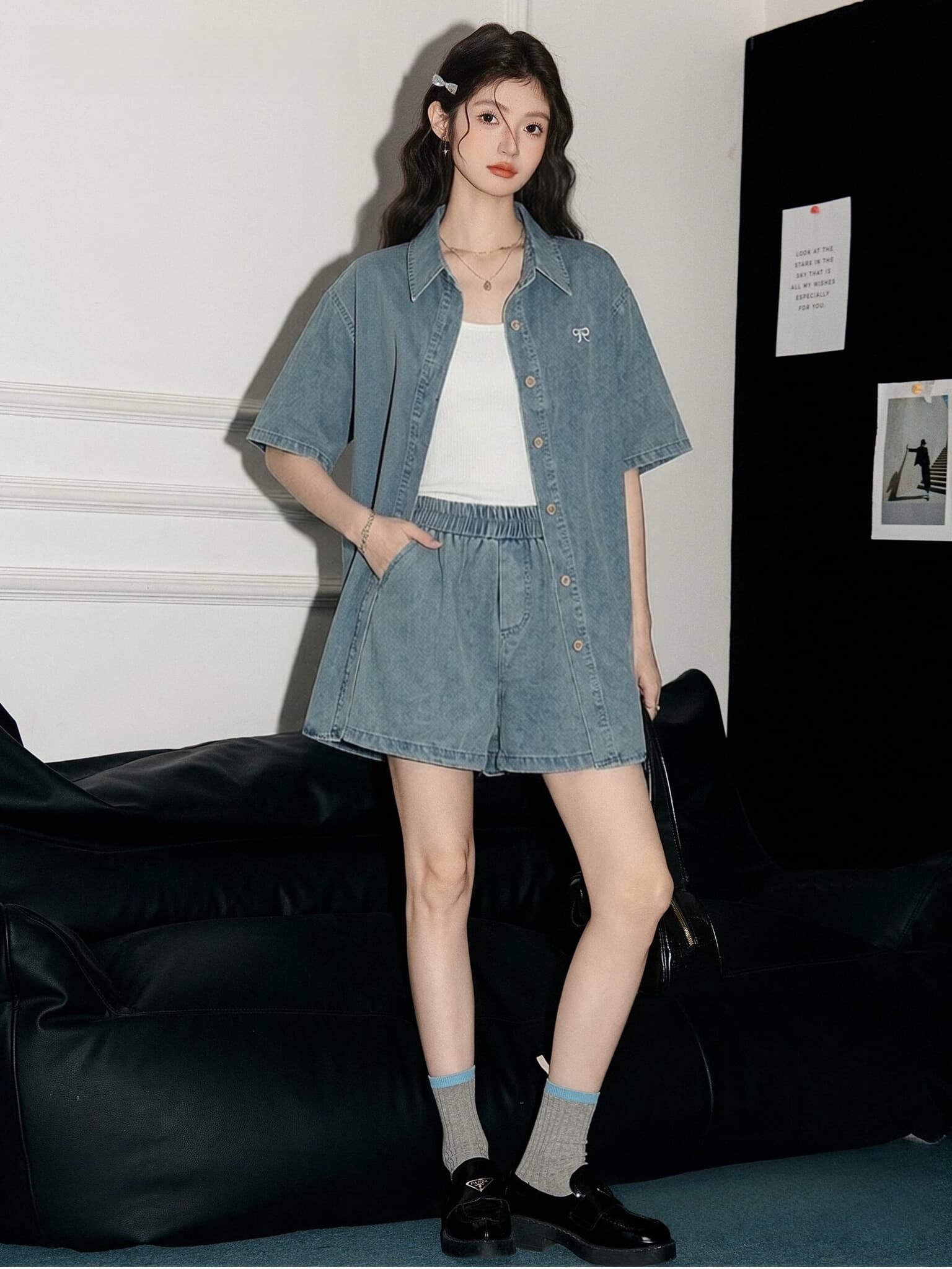 반팔 데님 셔츠 세트 여성 여름 작은 키 얇은 스타일 항구 바람 레트로 자수 넓은 다리가 짧다. 바지 투피스 세트 트렌디