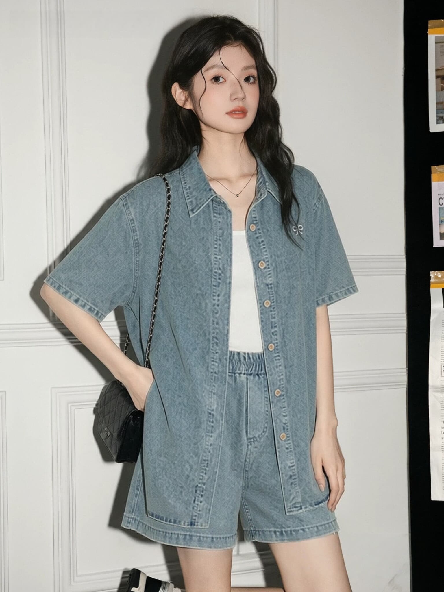 반팔 데님 셔츠 세트 여성 여름 작은 키 얇은 스타일 항구 바람 레트로 자수 넓은 다리가 짧다. 바지 투피스 세트 트렌디 상세 이미지 1