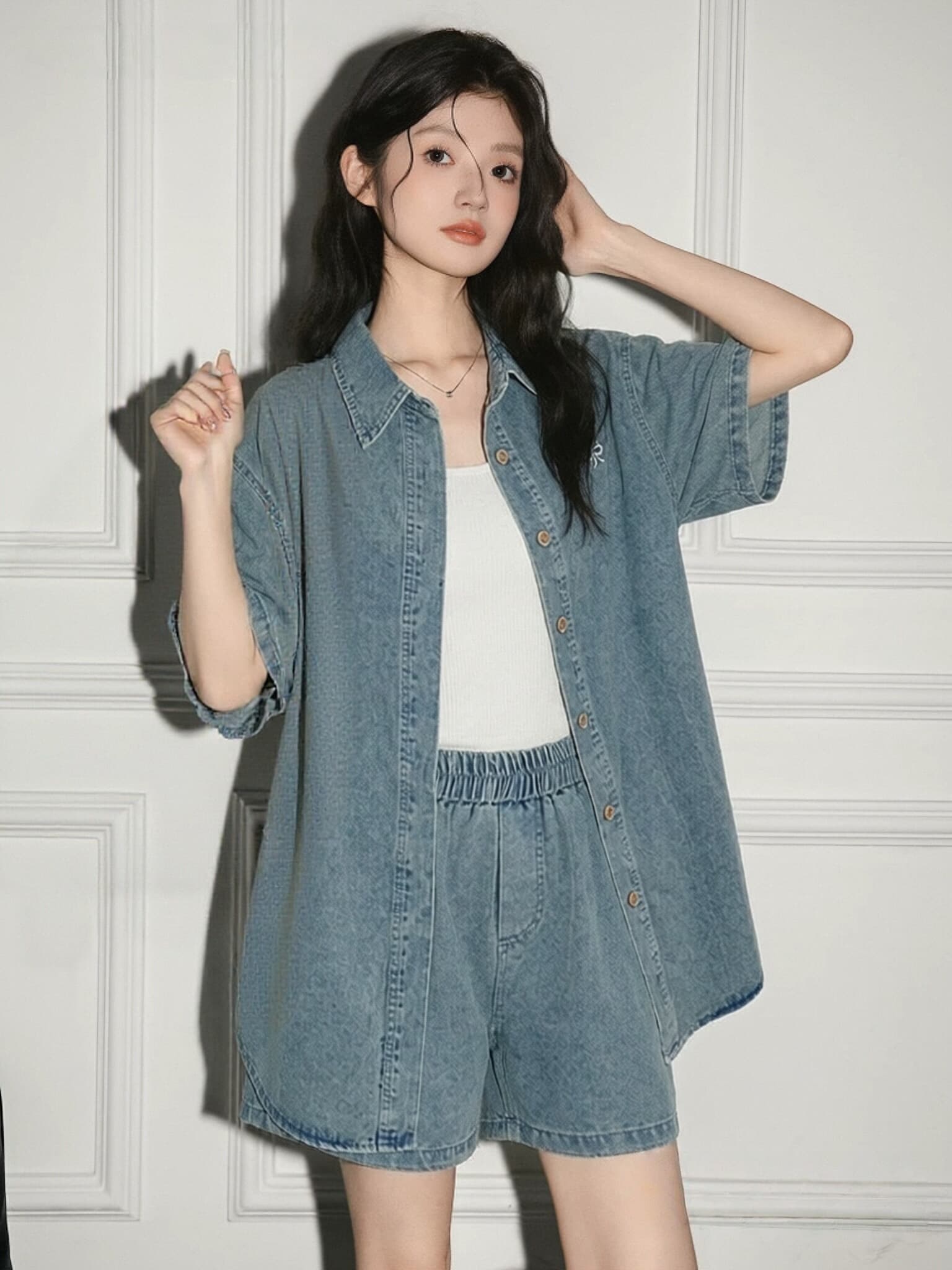 반팔 데님 셔츠 세트 여성 여름 작은 키 얇은 스타일 항구 바람 레트로 자수 넓은 다리가 짧다. 바지 투피스 세트 트렌디 상세 이미지 2