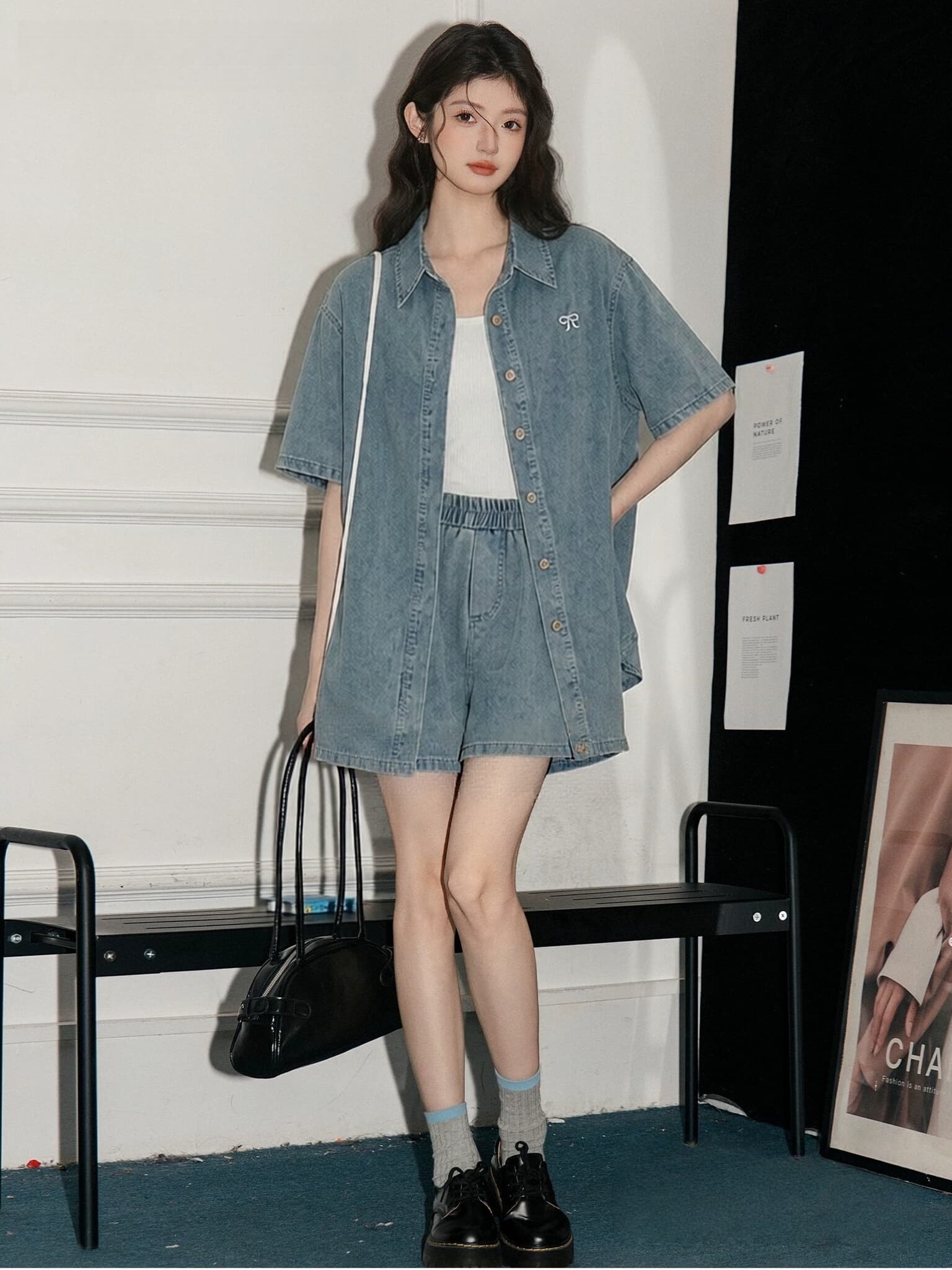 반팔 데님 셔츠 세트 여성 여름 작은 키 얇은 스타일 항구 바람 레트로 자수 넓은 다리가 짧다. 바지 투피스 세트 트렌디 상세 이미지 5