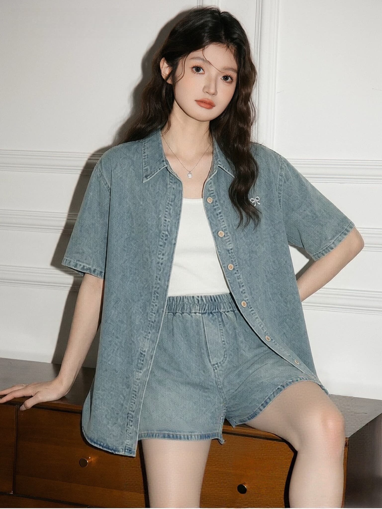 반팔 데님 셔츠 세트 여성 여름 작은 키 얇은 스타일 항구 바람 레트로 자수 넓은 다리가 짧다. 바지 투피스 세트 트렌디 상세 이미지 6