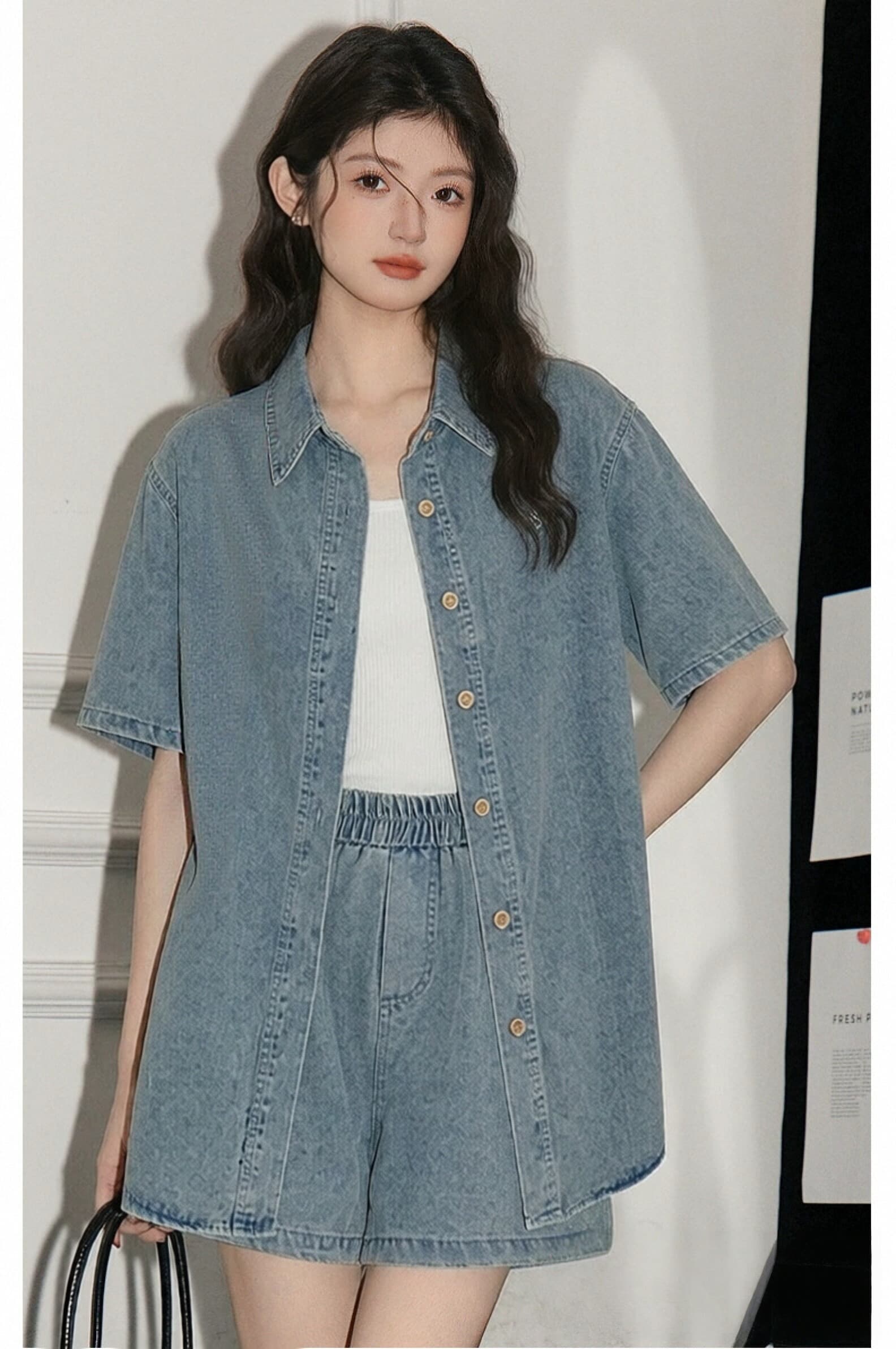 반팔 데님 셔츠 세트 여성 여름 작은 키 얇은 스타일 항구 바람 레트로 자수 넓은 다리가 짧다. 바지 투피스 세트 트렌디 상세 이미지 7