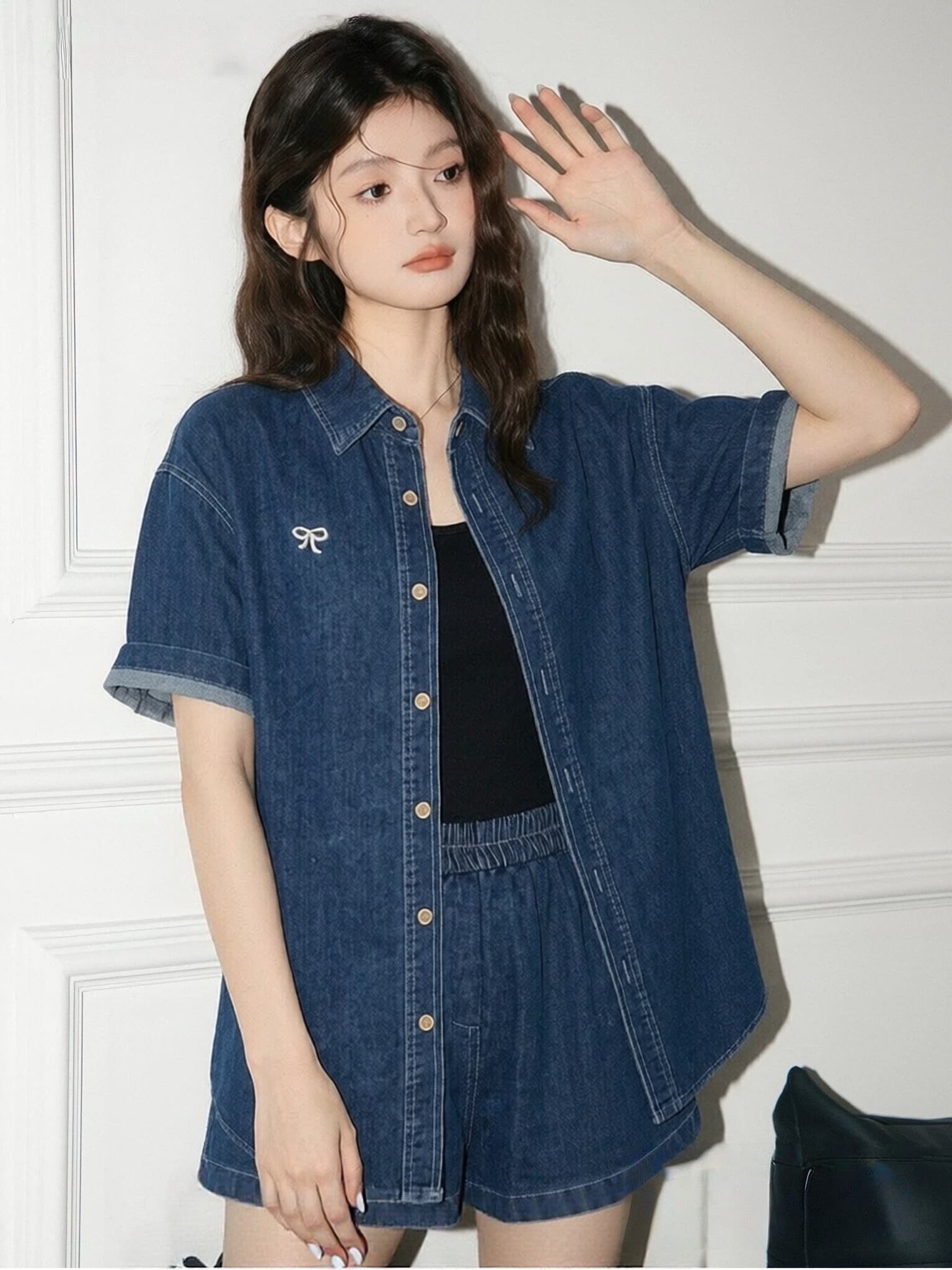 반팔 데님 셔츠 세트 여성 여름 작은 키 얇은 스타일 항구 바람 레트로 자수 넓은 다리가 짧다. 바지 투피스 세트 트렌디 상세 이미지 11