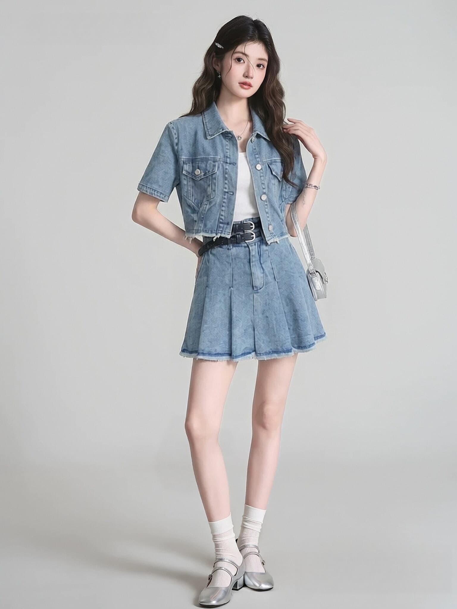 2026 여름 달콤한 매운맛 바람 투피스 세트 맨위 여성 레트로 홍콩 느낌 거친 가장자리 데님 재킷 반신 스커트 핫걸 세트 이미지 2