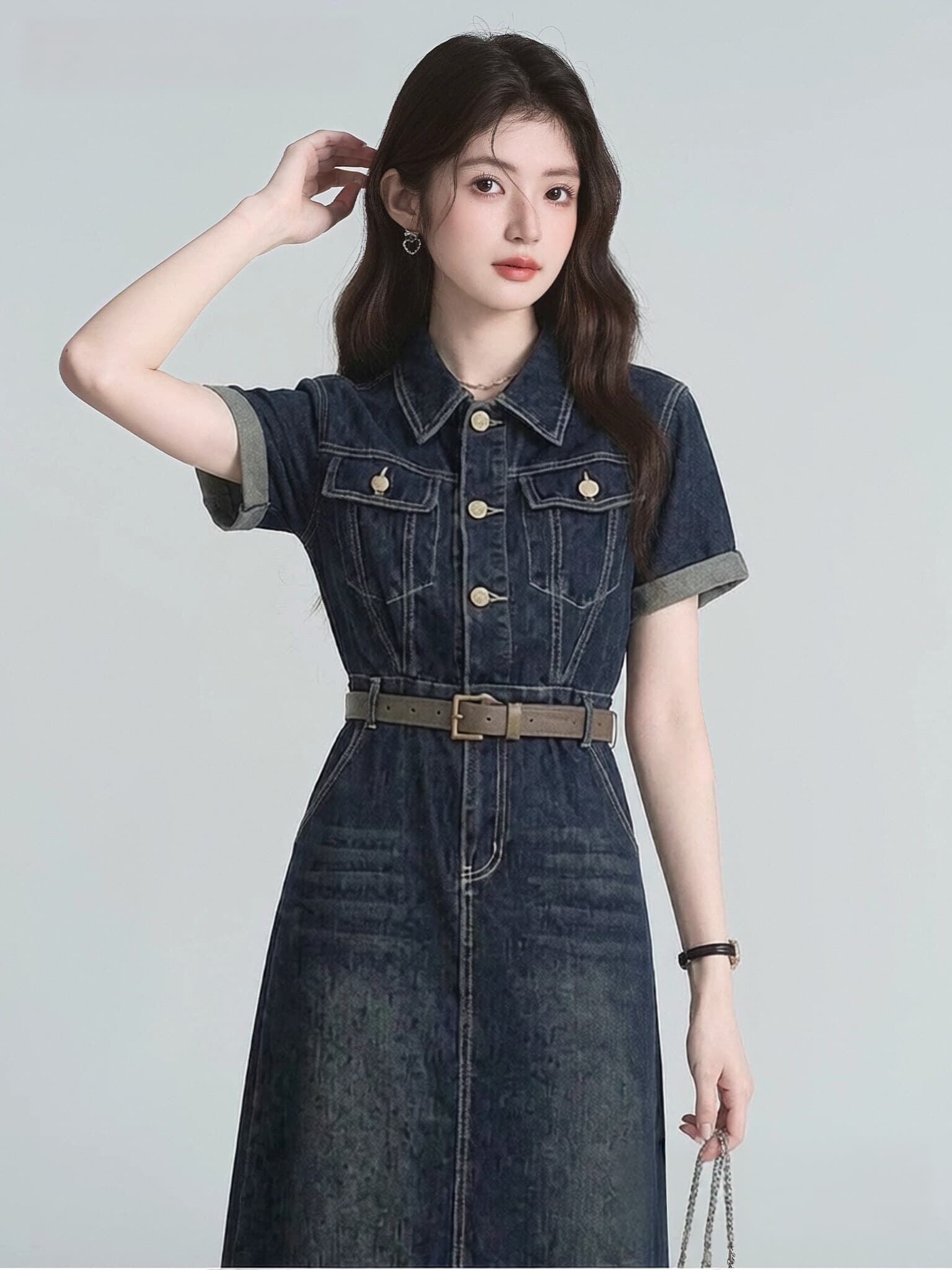 고급 센스 반팔 데님 드레스 여름 얇은 스타일 유럽 상품 세련된 고급 허리 수축 POLO 칼라 셔츠 롱 스커트 여성 이미지 3
