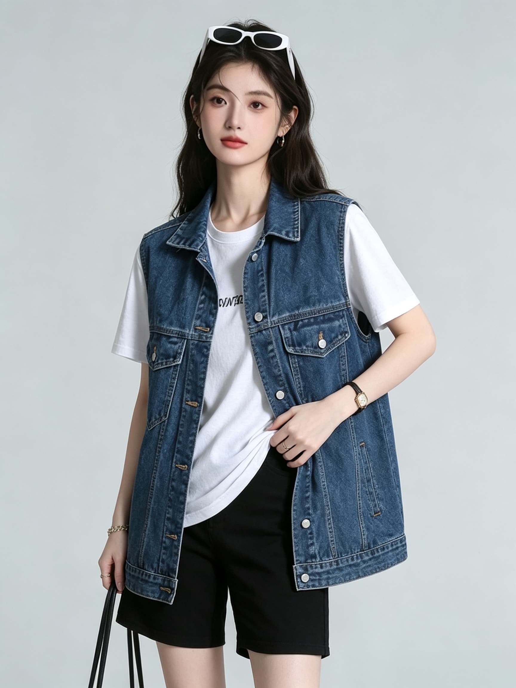 데님 베스트 여성 코트 봄 여름 섹션 2026 새로운 루즈핏 캐주얼 다용도 민소매 어깨 조끼 조끼 자켓 상세 이미지 2