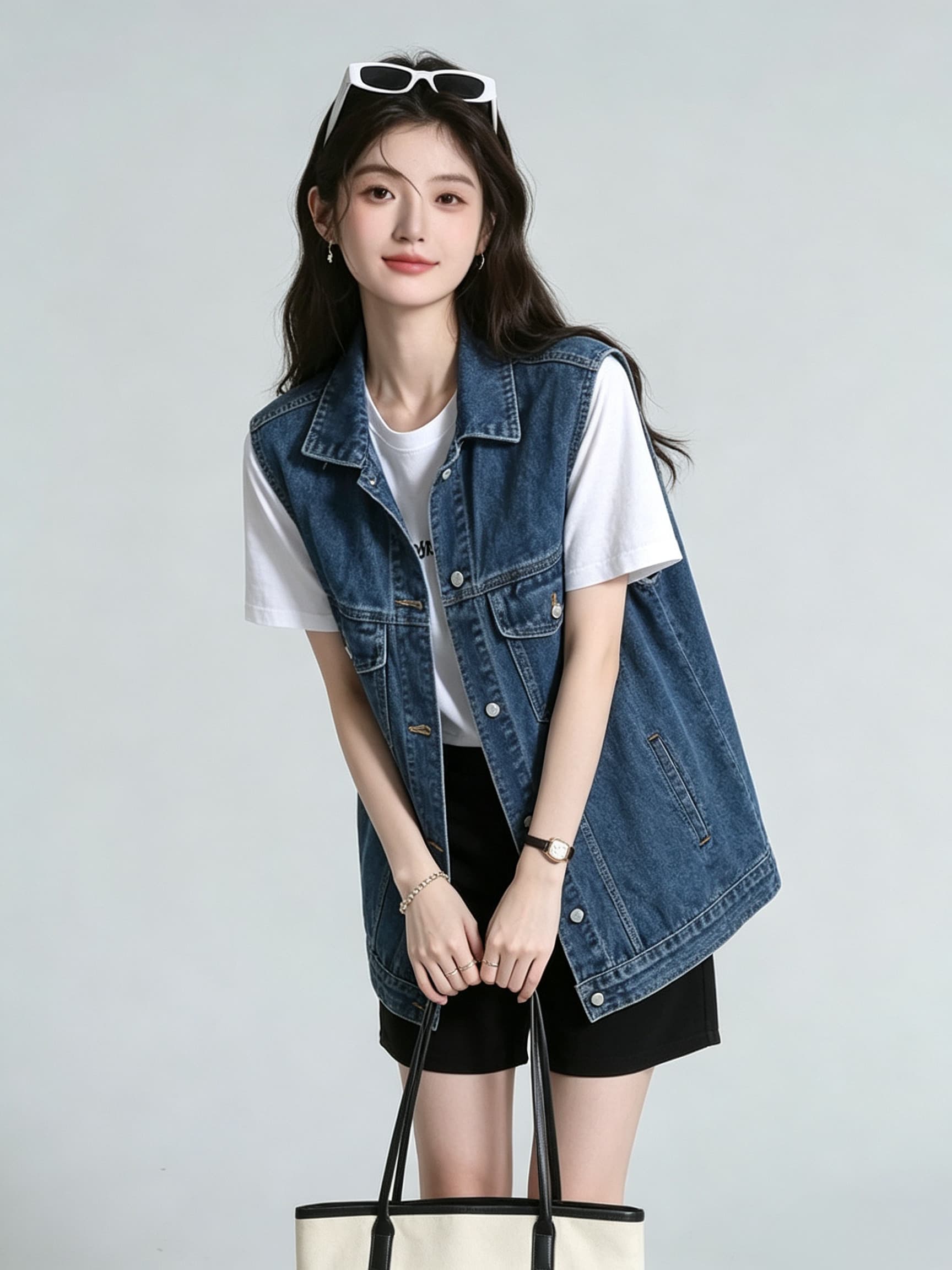 데님 베스트 여성 코트 봄 여름 섹션 2026 새로운 루즈핏 캐주얼 다용도 민소매 어깨 조끼 조끼 자켓 상세 이미지 5
