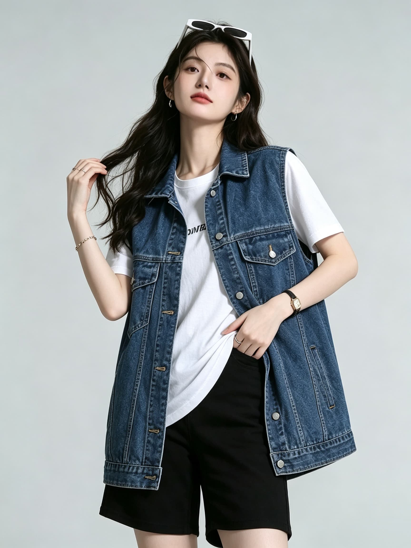데님 베스트 여성 코트 봄 여름 섹션 2026 새로운 루즈핏 캐주얼 다용도 민소매 어깨 조끼 조끼 자켓 상세 이미지 6