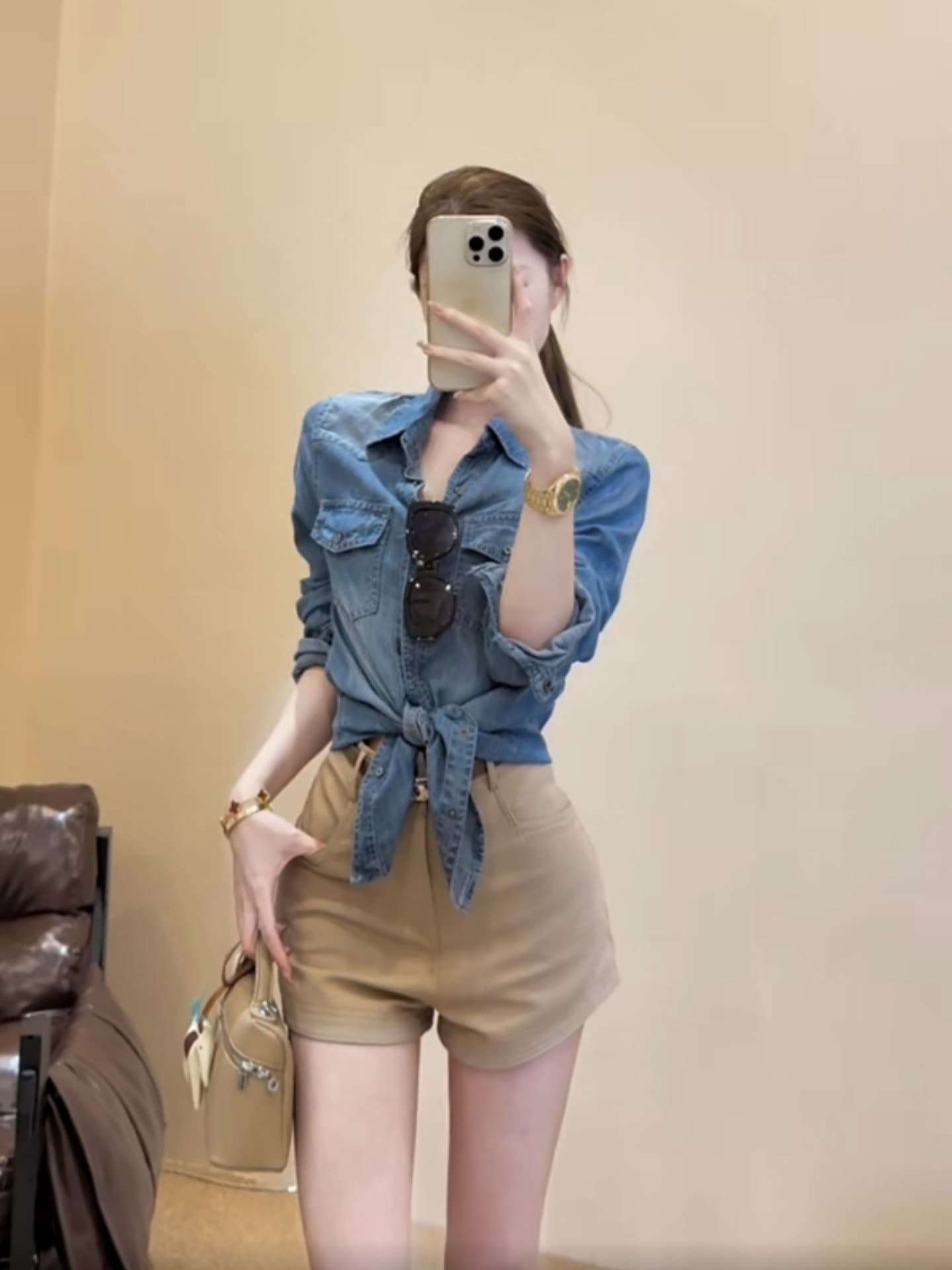 여름 아메리칸 레트로 품격 몸매 가꾸기 폴로 칼라 데님 긴팔 여성 코트 하이웨이스트 와이드 레그 팬츠 반바지 핫걸 세트