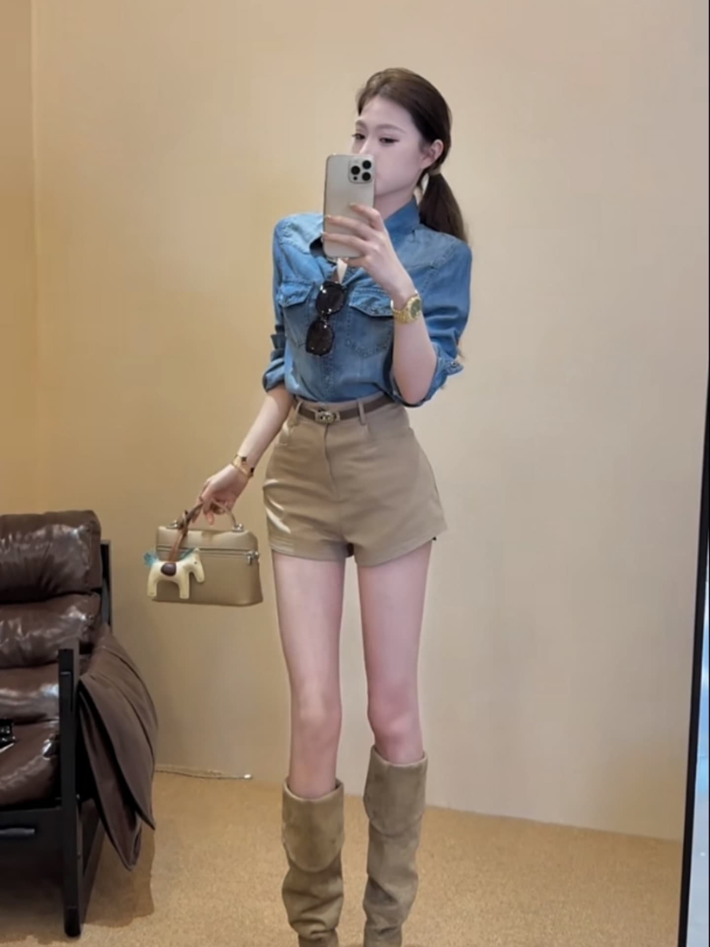 여름 아메리칸 레트로 품격 몸매 가꾸기 폴로 칼라 데님 긴팔 여성 코트 하이웨이스트 와이드 레그 팬츠 반바지 핫걸 세트 이미지 2