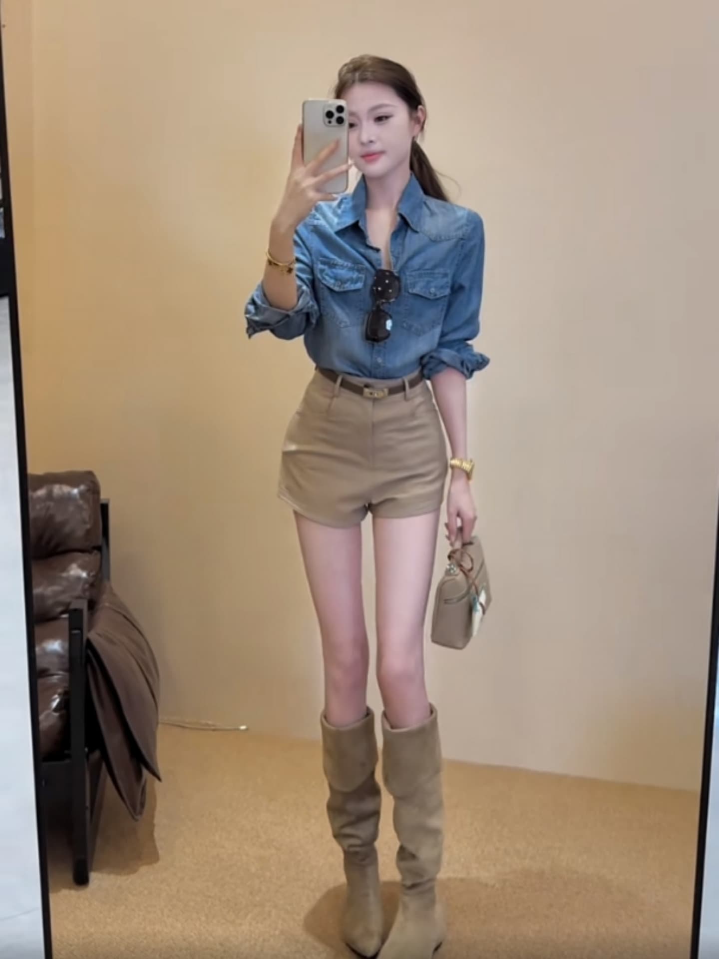 여름 아메리칸 레트로 품격 몸매 가꾸기 폴로 칼라 데님 긴팔 여성 코트 하이웨이스트 와이드 레그 팬츠 반바지 핫걸 세트 이미지 3
