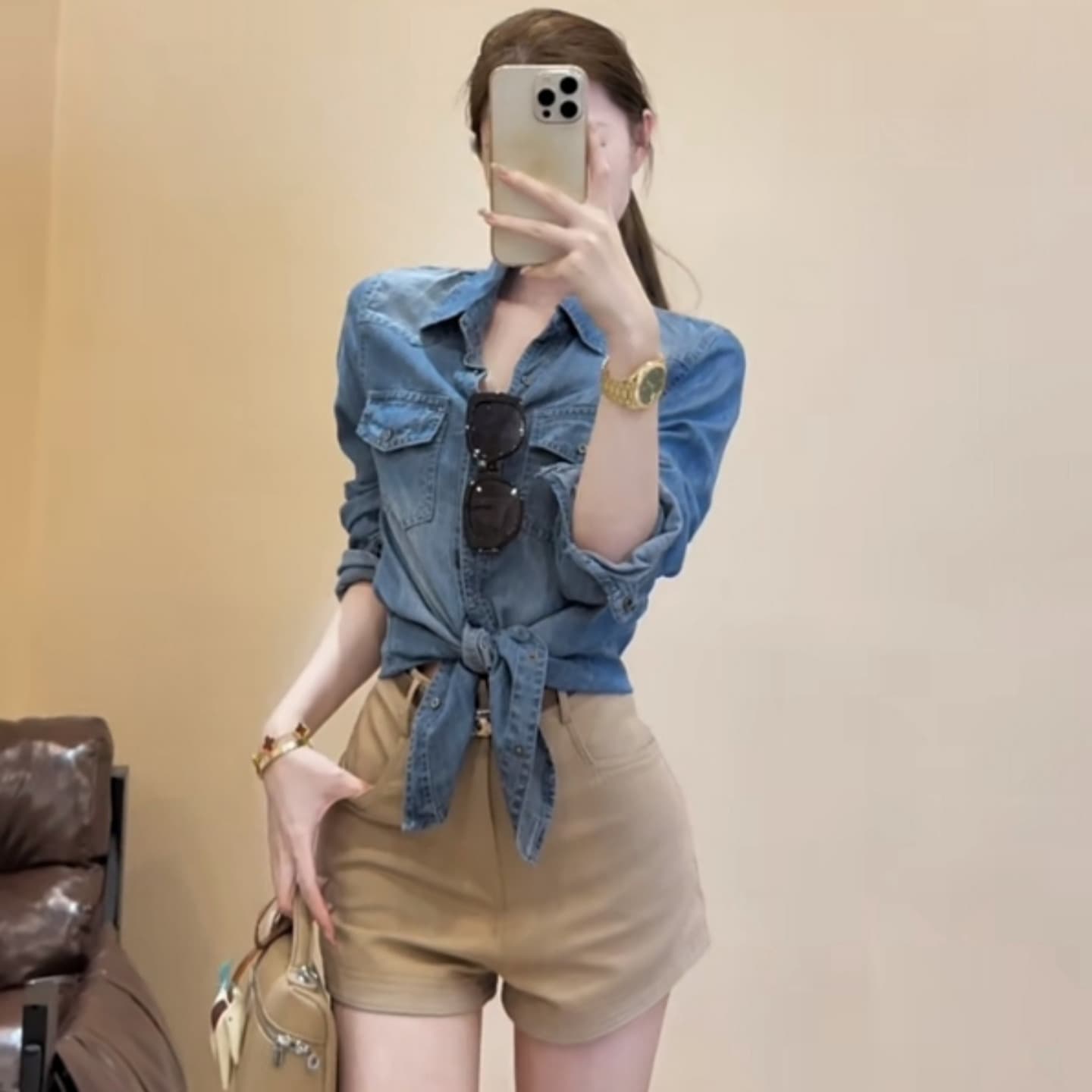 여름 아메리칸 레트로 품격 몸매 가꾸기 폴로 칼라 데님 긴팔 여성 코트 하이웨이스트 와이드 레그 팬츠 반바지 핫걸 세트 이미지 5
