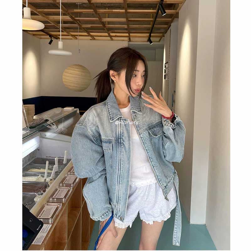 한국 스타일 새로운 워크웨어 바람 카우보이 바깥 세트 여성 의류 폴로 칼라 루즈핏 슬림해 보이는 쇼트 스타일 데님 재킷