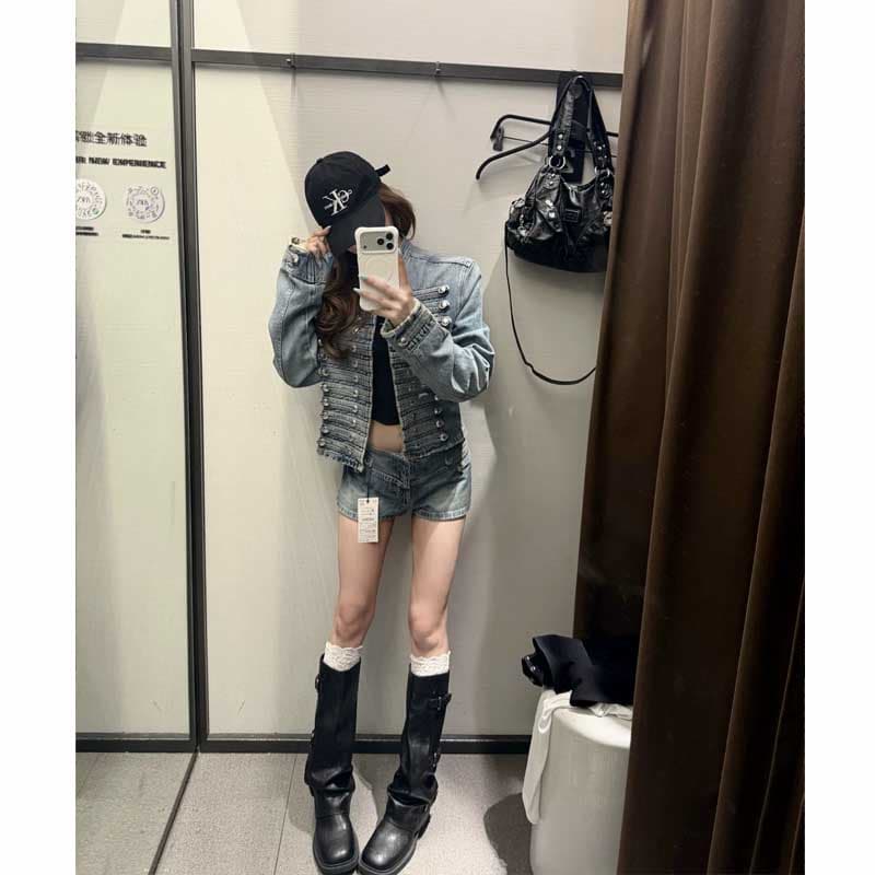 나폴레옹 스타일 2026 봄 가을 새로운 단추 자수 막대기 장식 몸 데님 짧은 외투 여성 의류 맨위 재킷 트렌디 이미지 4
