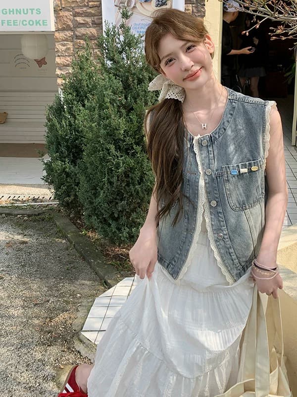 레이스 조각 데님 베스트 여성 코트 작은 키 여름 민소매 어깨 반팔 조끼 패션 조끼 맨위 이미지 2