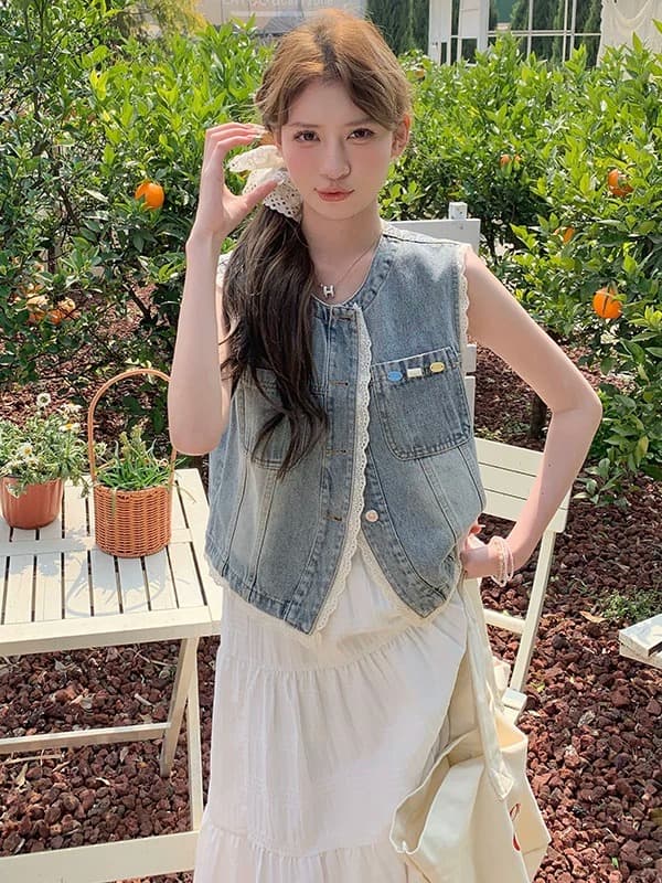 레이스 조각 데님 베스트 여성 코트 작은 키 여름 민소매 어깨 반팔 조끼 패션 조끼 맨위 이미지 4
