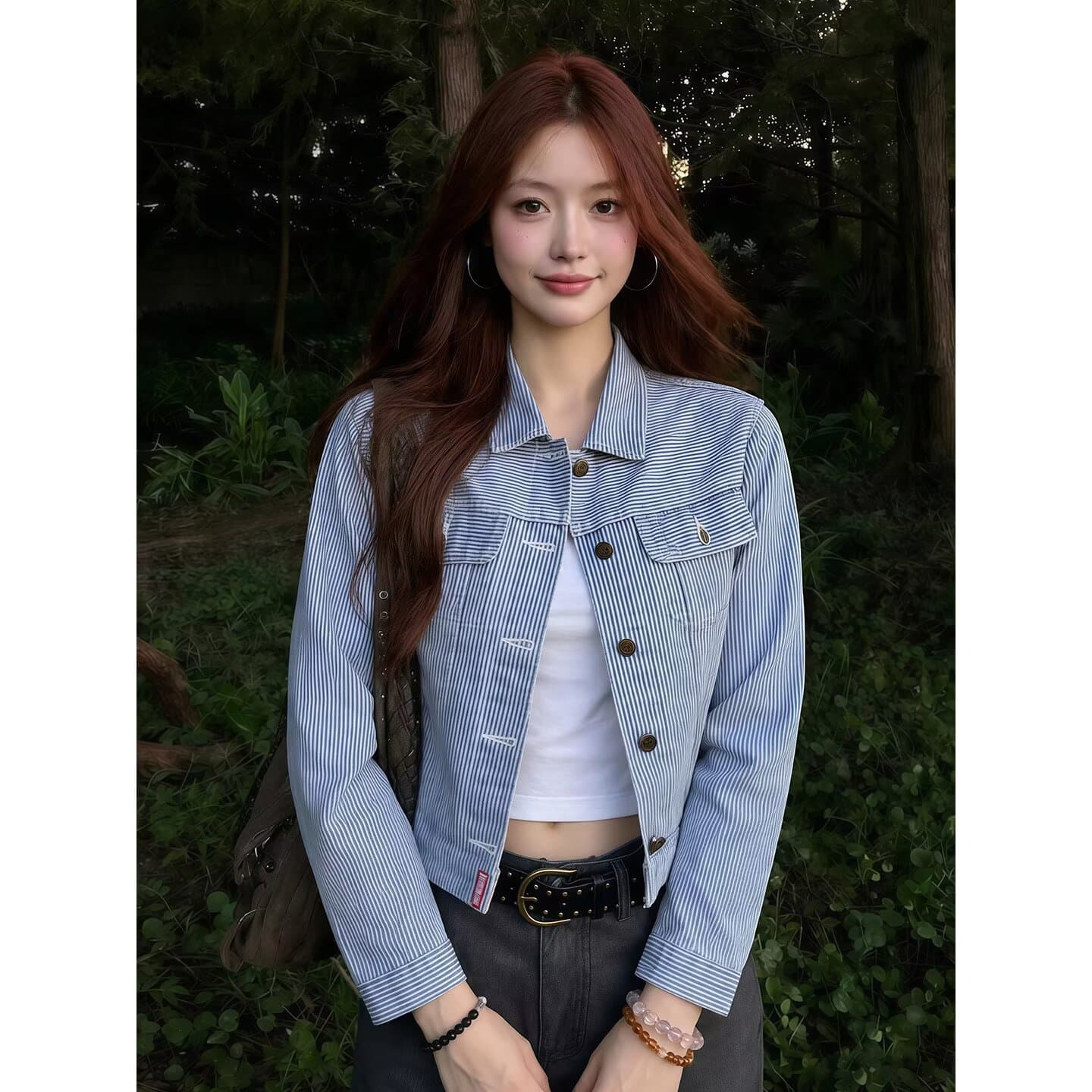 아메리칸 레트로 스트라이프 데님 여성 코트 조기 가을 쇼트 스타일 몸매 가꾸기 폴로 칼라 오픈 가디건 루즈핏 품격 긍정적 인 어깨 재킷 이미지 4