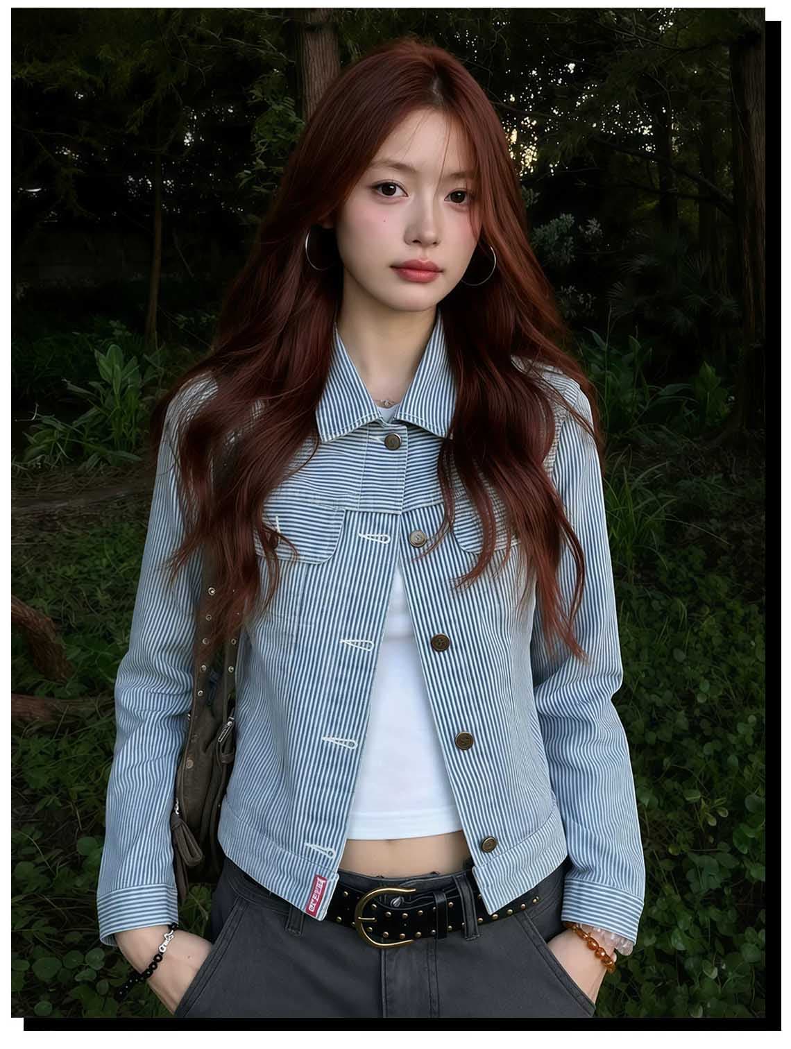 아메리칸 레트로 스트라이프 데님 여성 코트 조기 가을 쇼트 스타일 몸매 가꾸기 폴로 칼라 오픈 가디건 루즈핏 품격 긍정적 인 어깨 재킷 상세 이미지 1