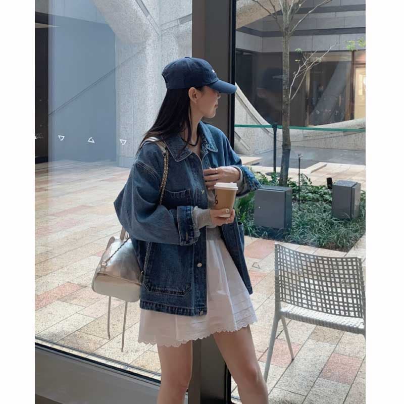 한국 chic 봄 가을 새로운 작은 대중 레트로 기타 주머니 디자인 루즈핏 다용도 캐주얼 긴팔 데님 여성 코트 이미지 4