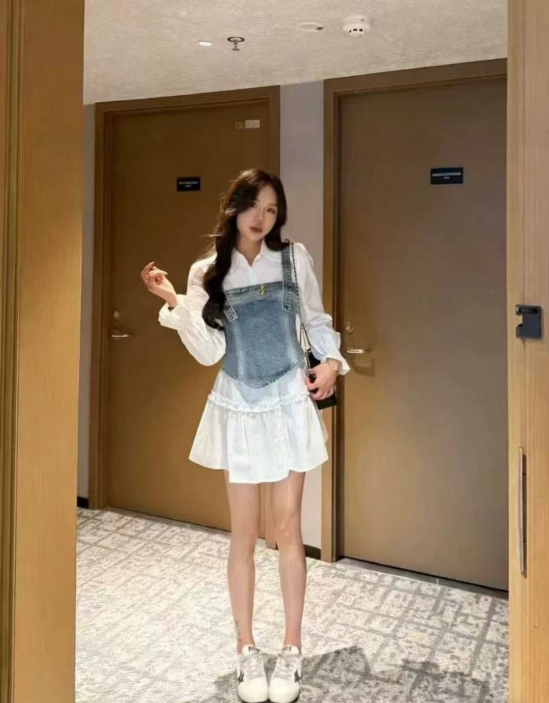 2026 봄 가을 출퇴근 바람 투피스 세트 여성 의류 패션 슬림해 보이는 고급 센스 흰 셔츠 데님 허리 수축 세트 상세 이미지 4
