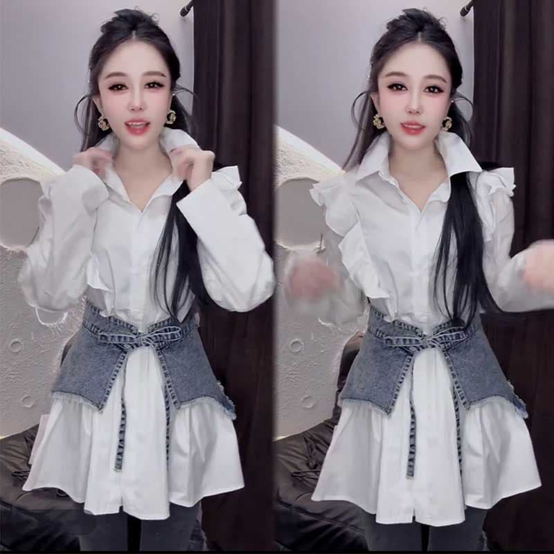 디자인 센스 거품 소매 셔츠 데님 허리 인감 두 조각 여성 세트 가을 겨울철 새로운 몸매 가꾸기 다용도 패션 세트 트렌디