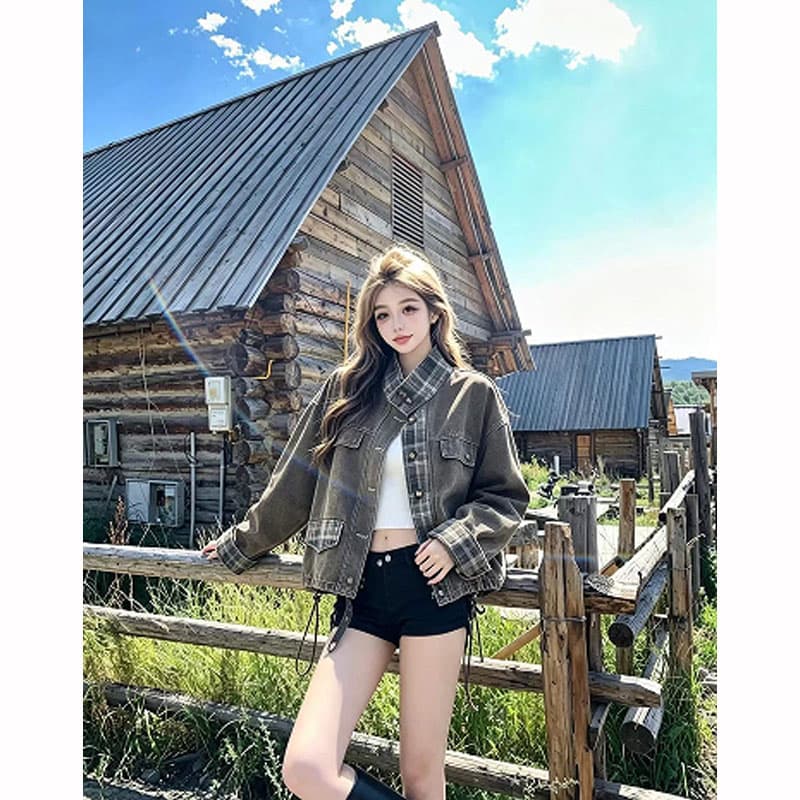 레트로 체크무늬 패치워크 데님 여성 코트 가을 2026 새로운 아메리칸 루즈핏 캐주얼 스탠드 칼라 워크웨어 바람 재킷 상세 이미지 5