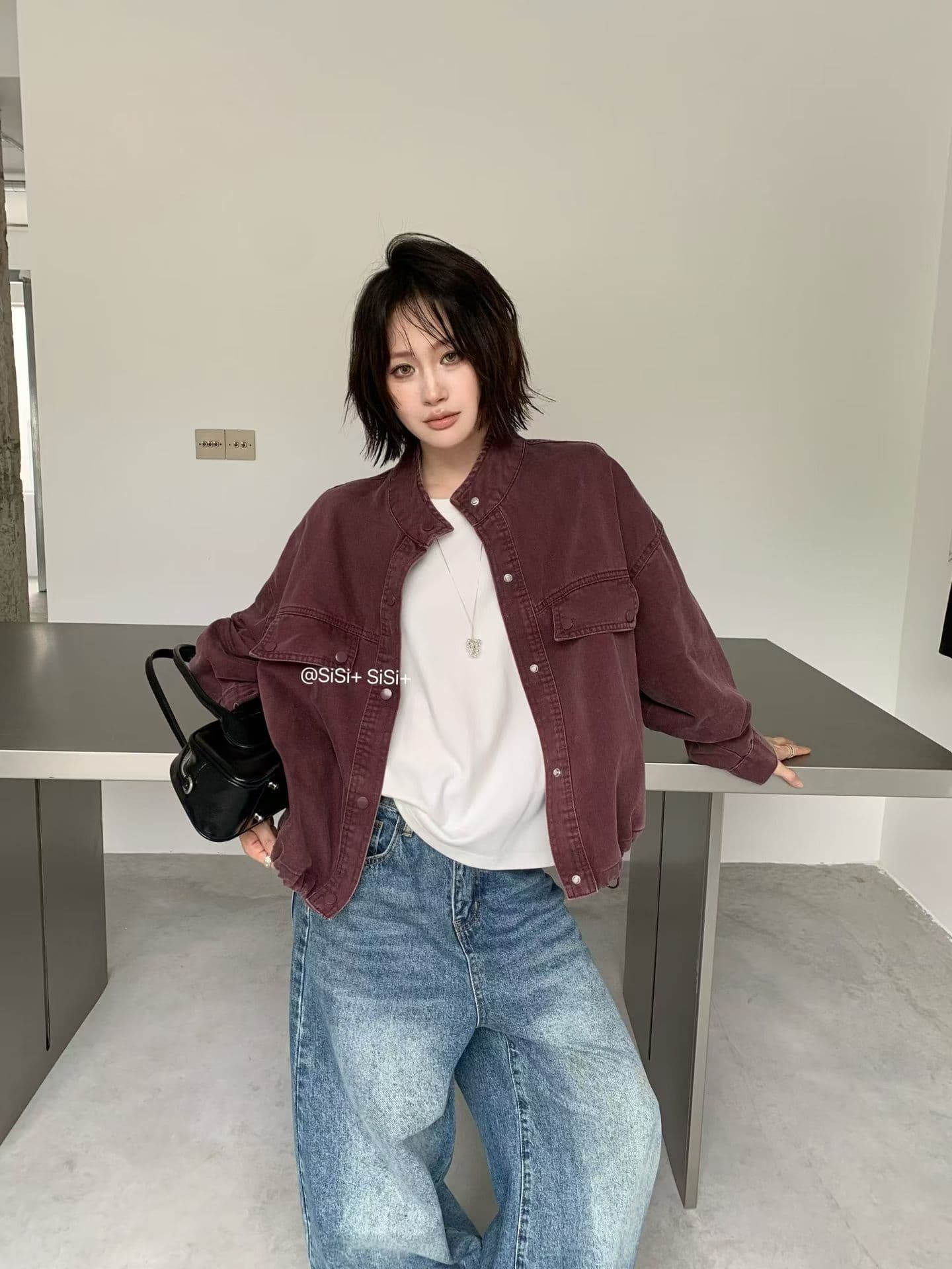 한 부서 외국 가스 연령 감소 슬림해 보이는 가을 새로운 작은 키 캐주얼 루즈핏 스탠드 칼라 워크웨어 재킷 짧은 외투 데님 트렌디 이미지 2
