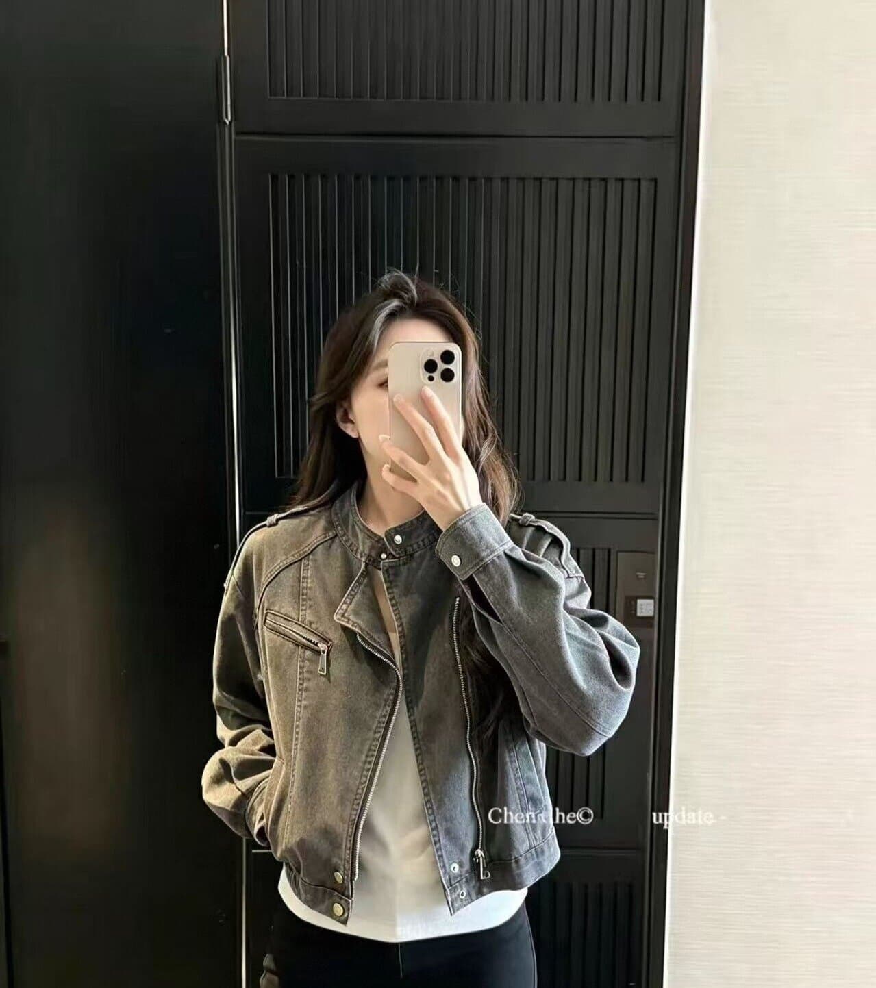 아메리칸 레트로 오토바이 데님 여성 코트 마 오래된 워싱 비스듬한 지퍼 쇼트 스타일 재킷 작은 키 워크웨어 맨위 이미지 4