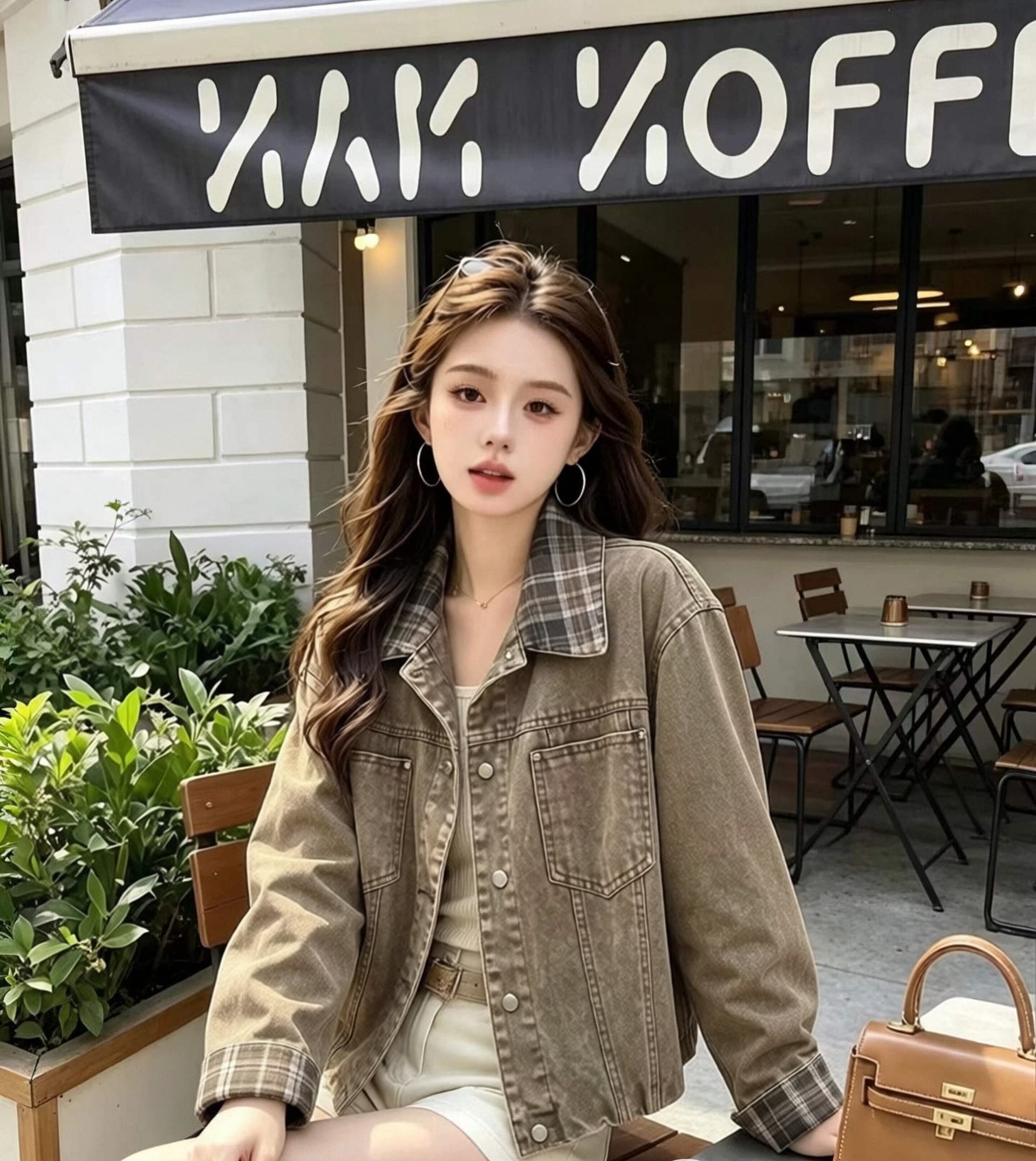 아메리칸 레트로 체크무늬 패치워크 데님 여성 코트 마 오래된 워싱 루즈핏 쇼트 스타일 작은 키 폴로 칼라 재킷 맨위 상세 이미지 3