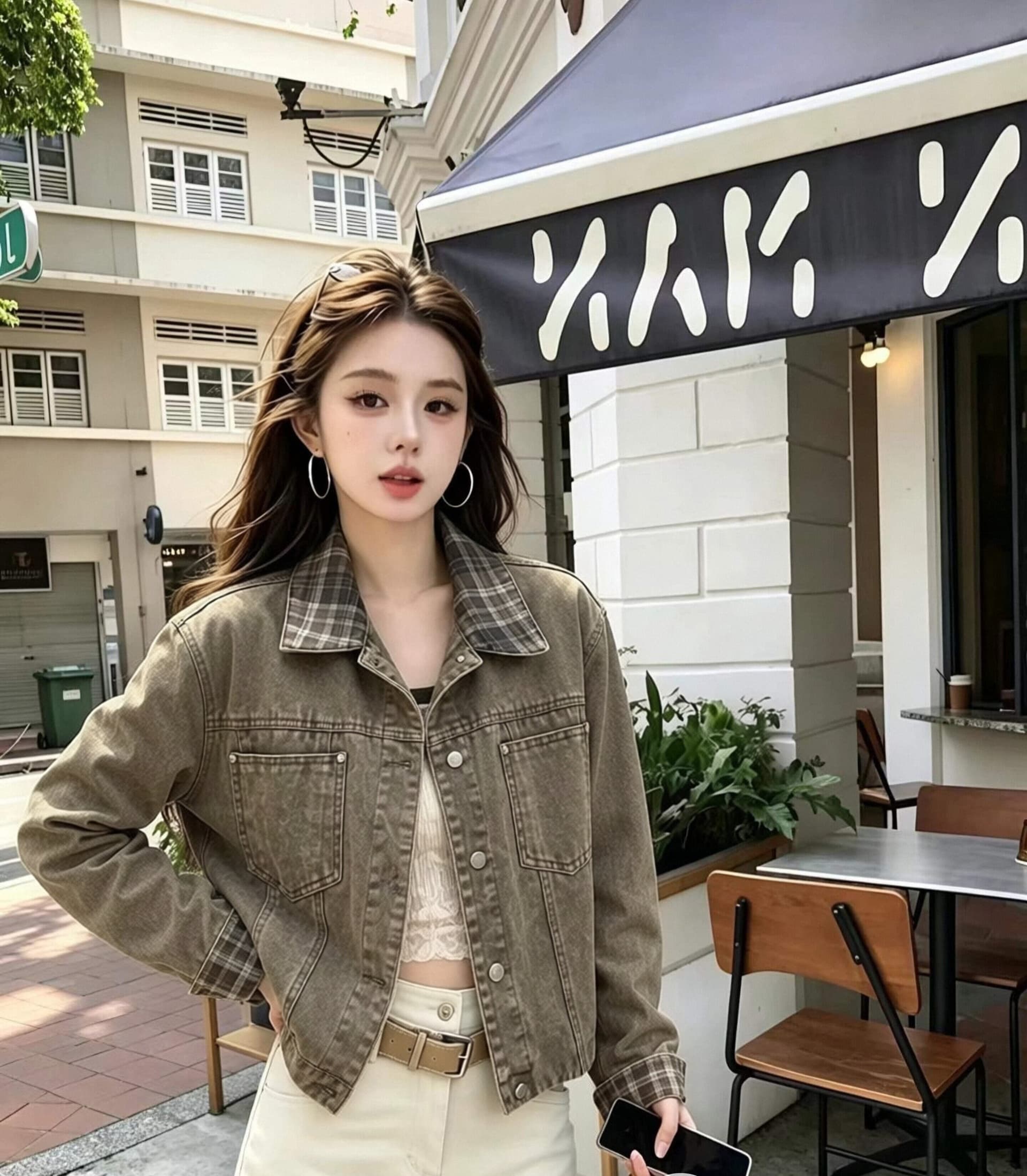아메리칸 레트로 체크무늬 패치워크 데님 여성 코트 마 오래된 워싱 루즈핏 쇼트 스타일 작은 키 폴로 칼라 재킷 맨위 상세 이미지 4