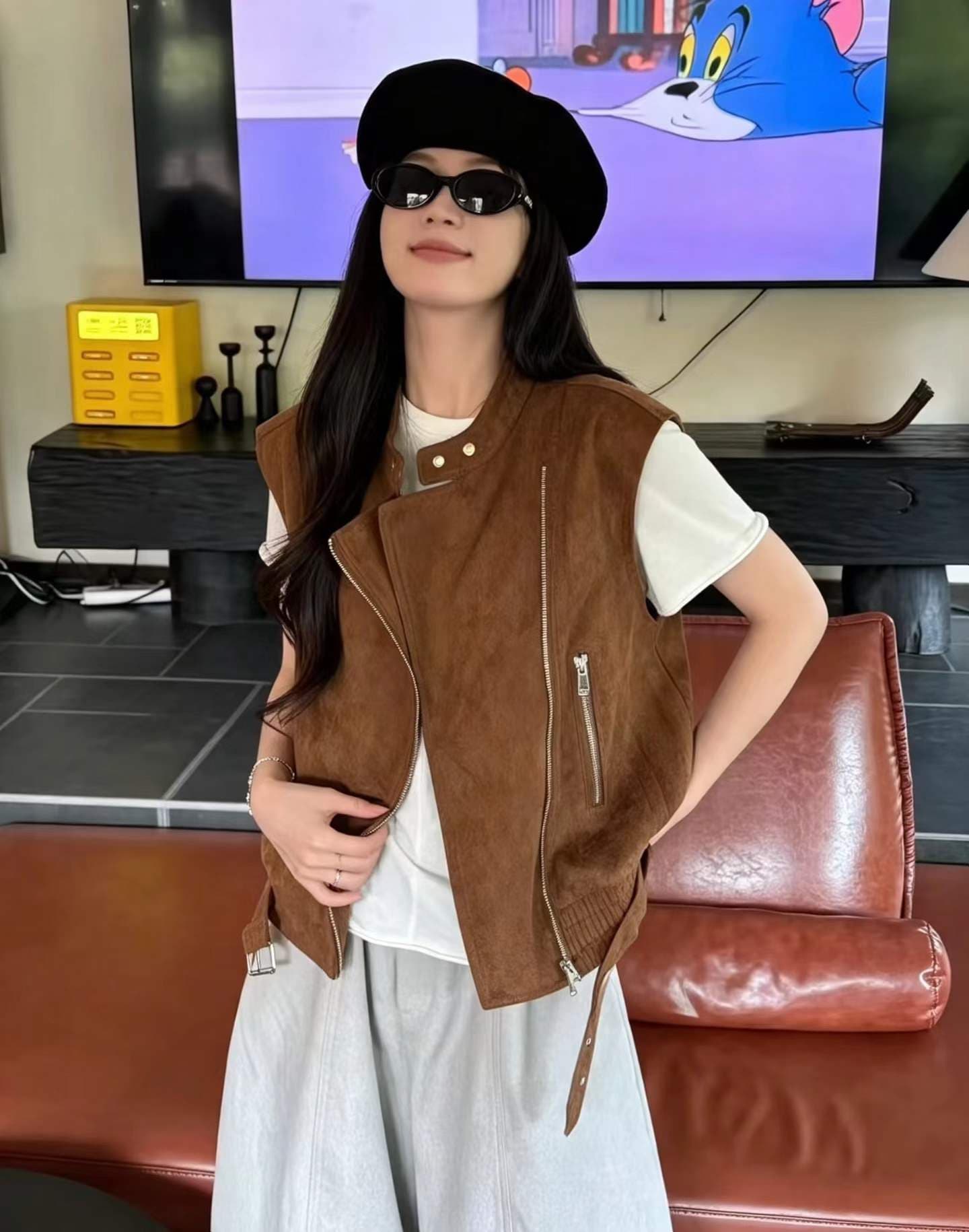 레트로 오토바이 바람 스탠드 칼라 지퍼 조끼 여자 2026 가을 캐주얼 민소매 스웨이드 조끼 재킷 상세 이미지 2