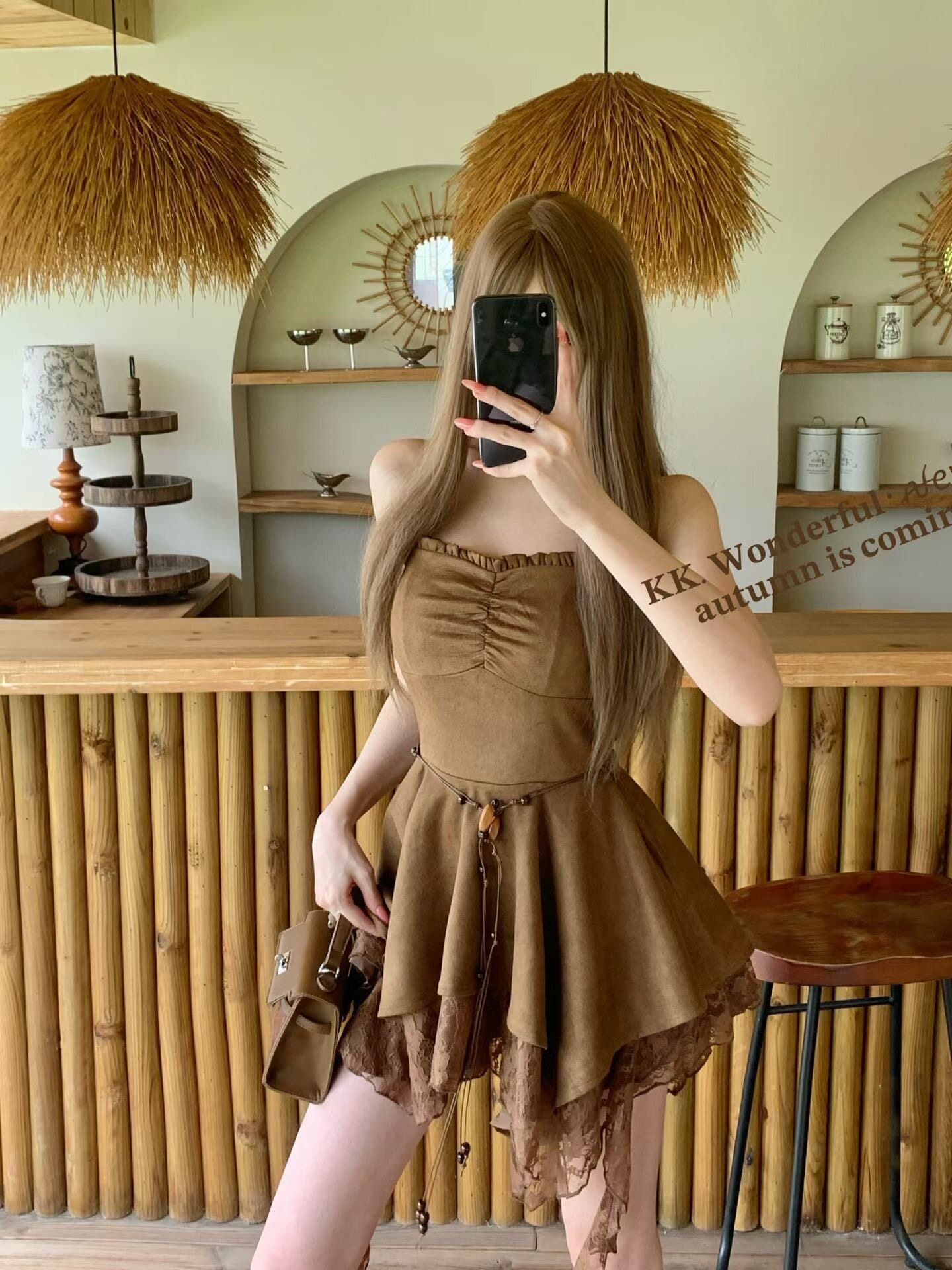 순수한 욕망 핫걸 가을 슬립 점프 슈트 치마 세트 여성 핫걸 불규칙 레이스 조각 슬림해 보이는 오픈 가디건 투피스 세트 이미지 3