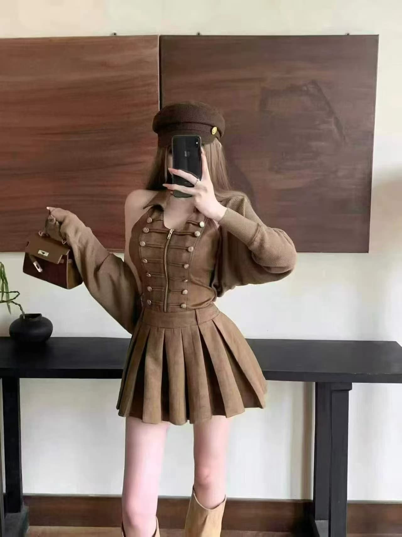 순수한 욕망 핫걸 새로운 행침 목 세트 여성 더블 단추 허리 수축 플리츠 미니 스커트 느긋한 니트 오픈 가디건 투피스 세트 상세 이미지 3