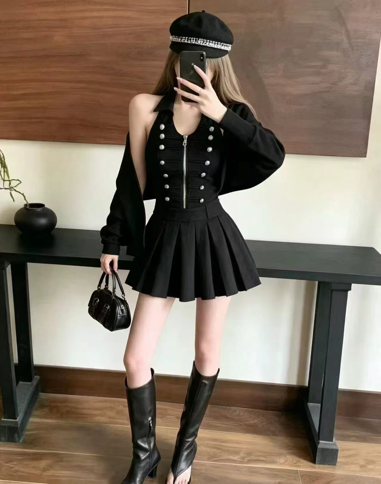 순수한 욕망 핫걸 새로운 행침 목 세트 여성 더블 단추 허리 수축 플리츠 미니 스커트 느긋한 니트 오픈 가디건 투피스 세트 상세 이미지 9