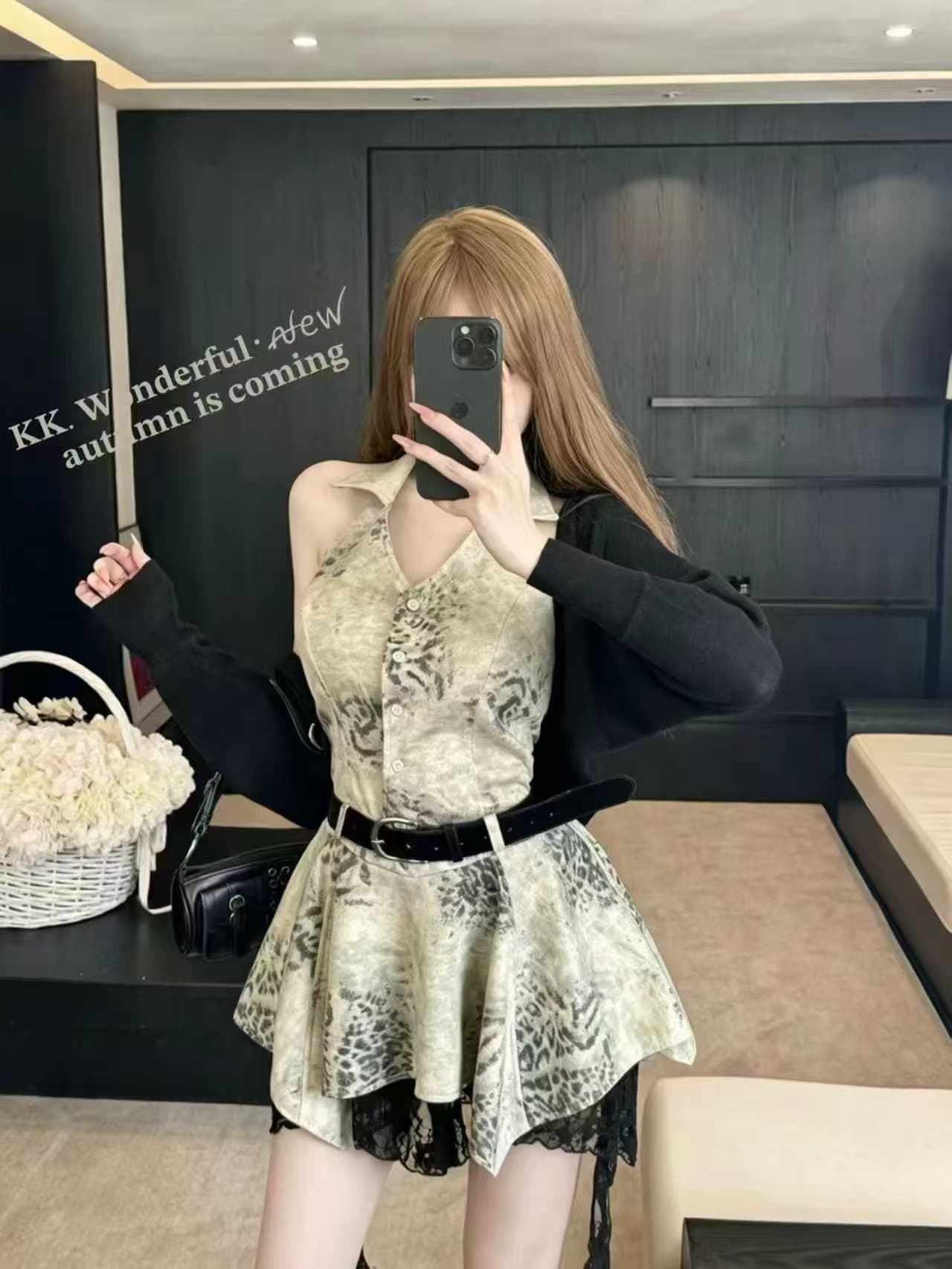 2026 가을 레트로 레오파드 무늬 V넥 패치워크 레이스 행침 목 슬립 드레스 숄 세트 벨트 포함 상세 이미지 1