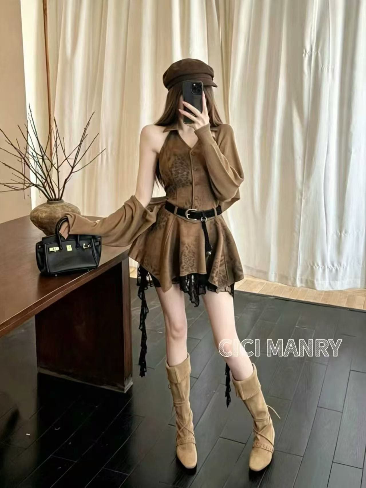 2026 가을 레트로 레오파드 무늬 V넥 패치워크 레이스 행침 목 슬립 드레스 숄 세트 벨트 포함 상세 이미지 5