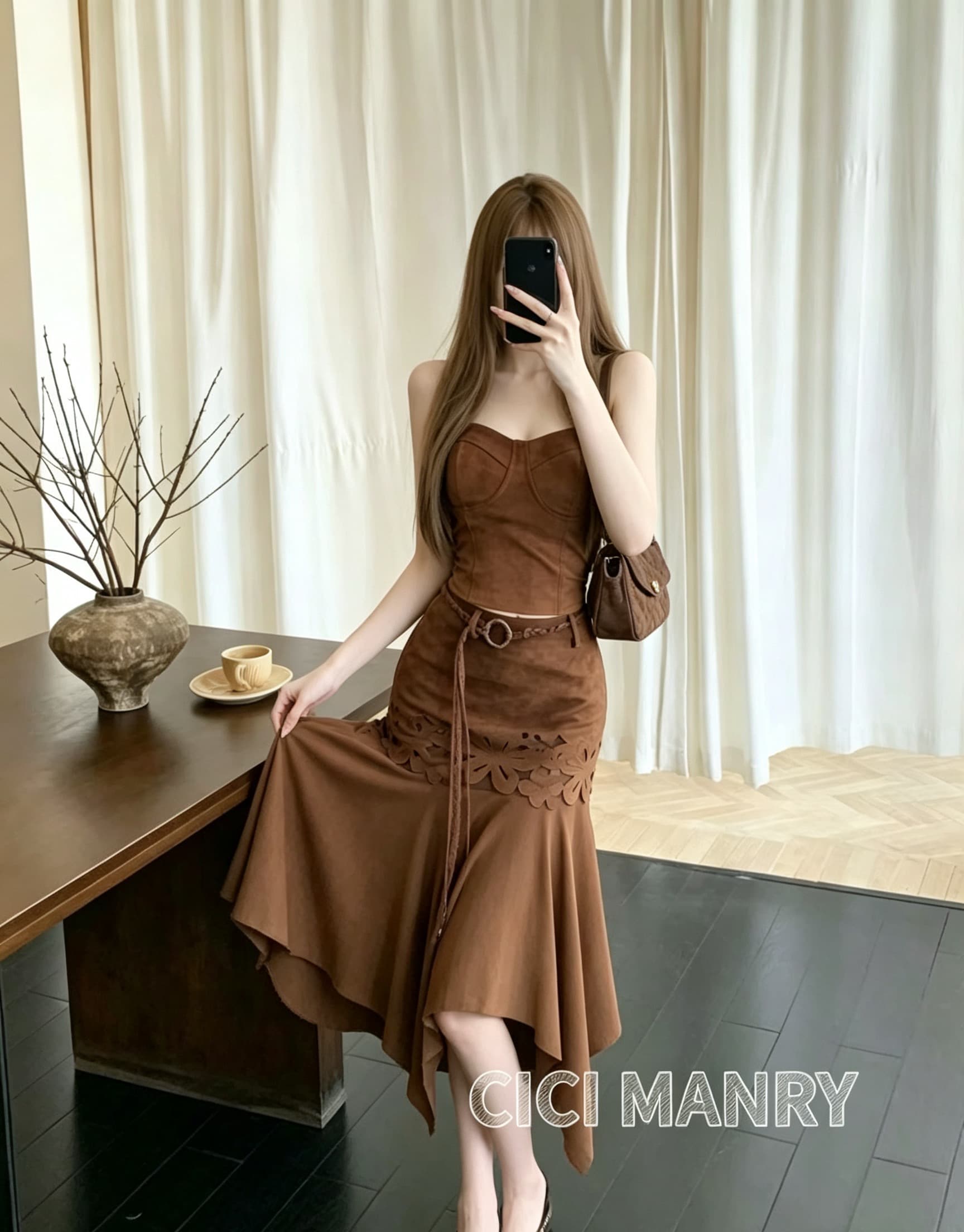 아름다움 라드. 레트로 스웨이드 원단 세 조각 여성 세트 튜브탑 슬립 긴팔 오픈 가디건 불규칙 홀로우 아웃 인어 꼬리 반신 스커트 상세 이미지 6