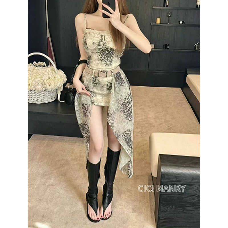 순수한 욕망 핫걸 레트로 레오파드 무늬 튜브탑 세트 여성 핫걸 하이웨이스트 불규칙 망사 반신 미니 스커트 3종 세트 이미지 6