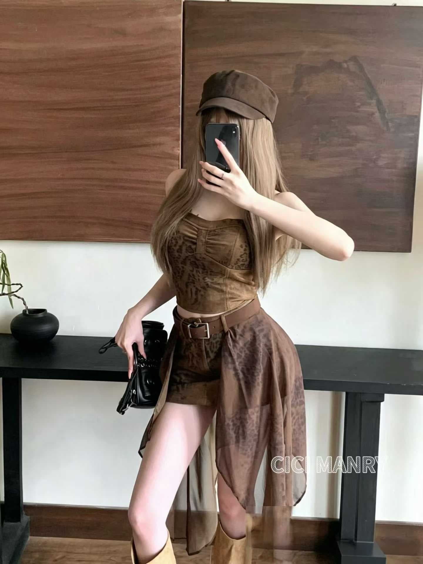 순수한 욕망 핫걸 레트로 레오파드 무늬 튜브탑 세트 여성 핫걸 하이웨이스트 불규칙 망사 반신 미니 스커트 3종 세트 상세 이미지 3