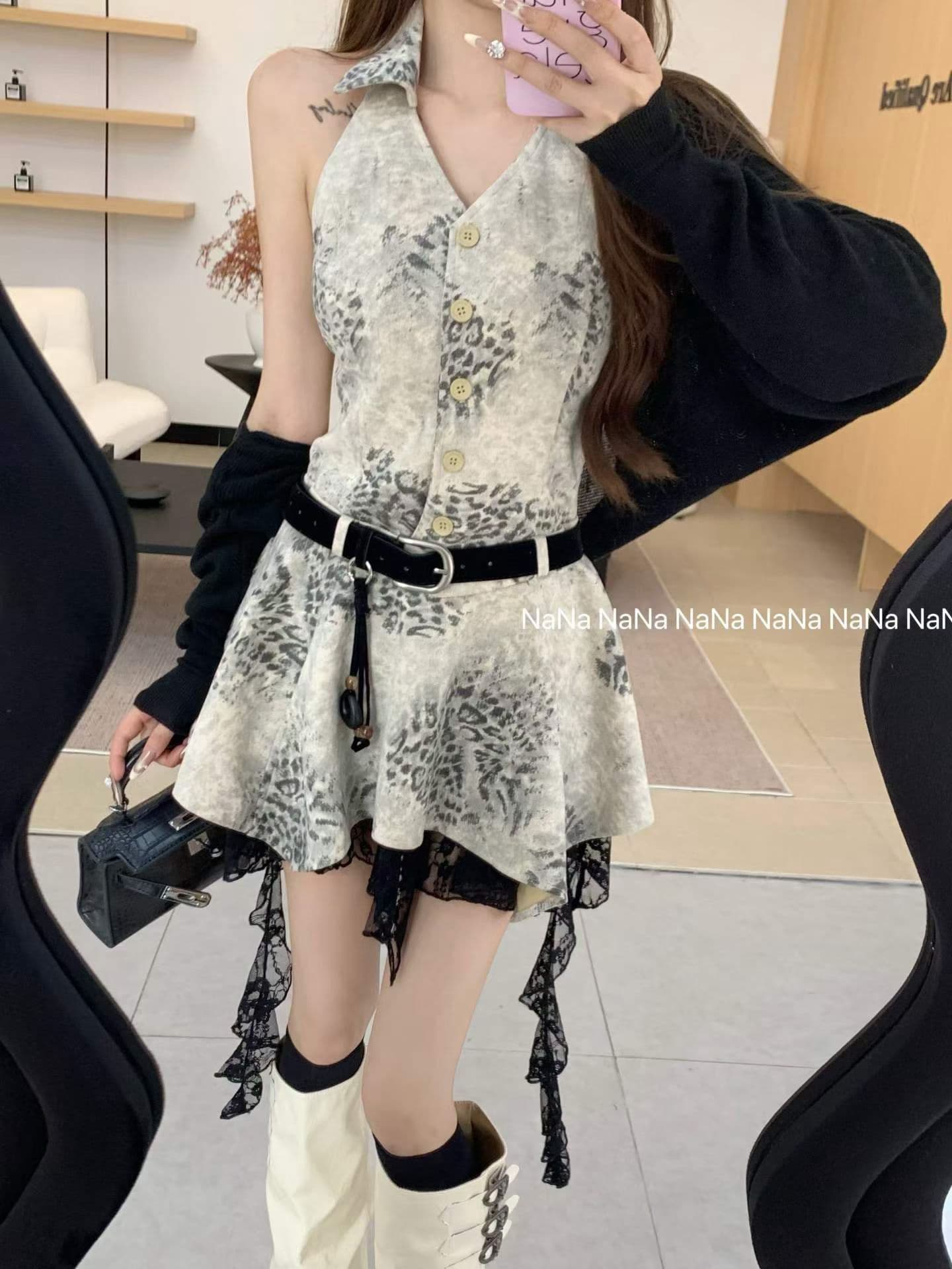 2026 가을 레트로 레오파드 무늬 V넥 패치워크 레이스 행침 목 슬립 드레스 숄 세트 벨트 포함 이미지 4